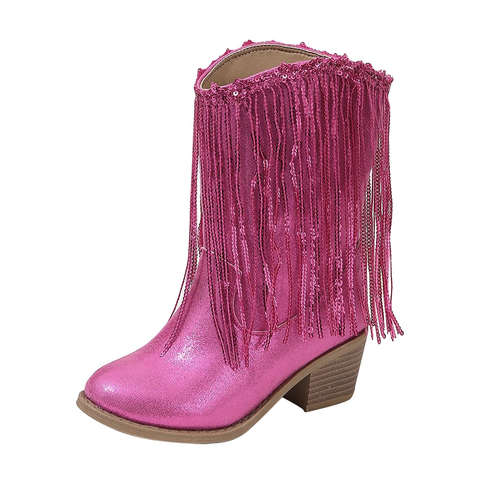 Big Kids Fringe Metallic Cowboy Boots Girls Pointed Toe Chunky Hell Mid Calf Boots Winter Low Heels Princess Boots