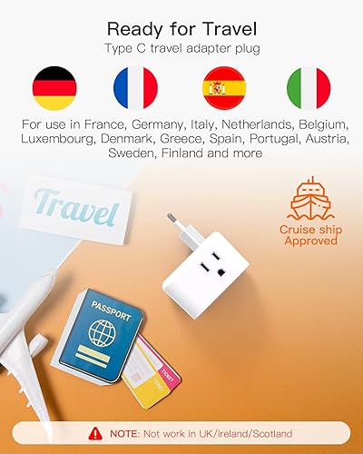 Miniatura 5 de Paquete de 2 Adaptador de enchufe de viaje europeo adaptador de enchufe internacional con 3 tomacorrientes 3 puertos de carga USB 2 USB C adaptador