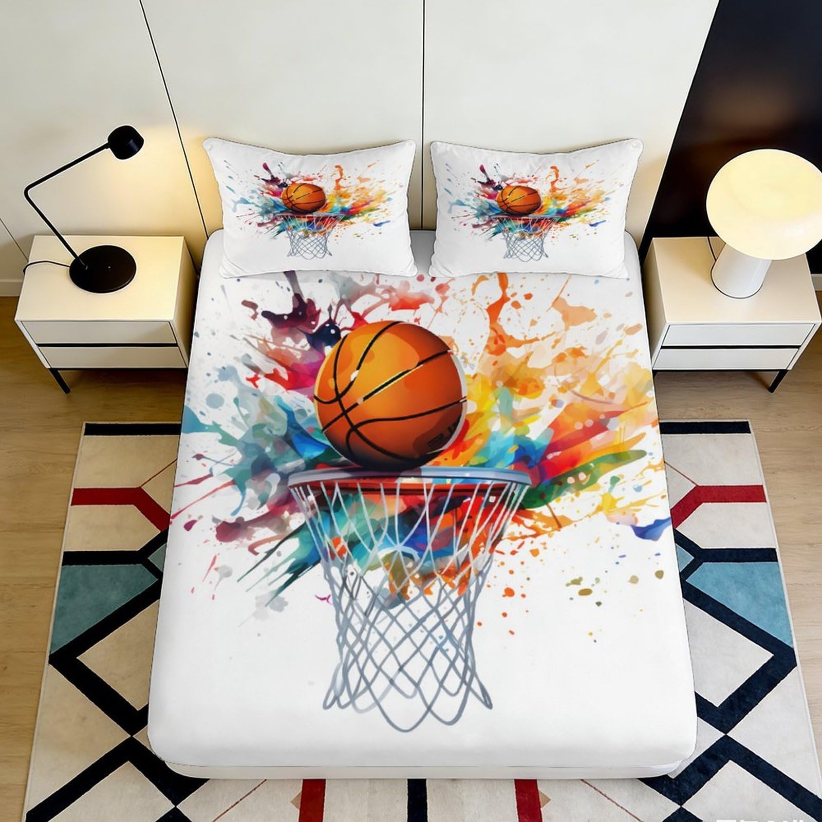 3D Printed Basketball Splash Fitted Sheet Microfiber Vibrant Bed Sheet for Bedroom Guest Room Mattress Cover Decor 180x200x25cm