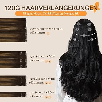 DOORES Clip-In Real Hair Extensions Balayage Dark Brown to Chestnut Brown Extensions Real Hair 35 cm 14 Inches 7 Pieces 120 g Remy Hair Extensions Real Hair Natural Real Hair Extensions