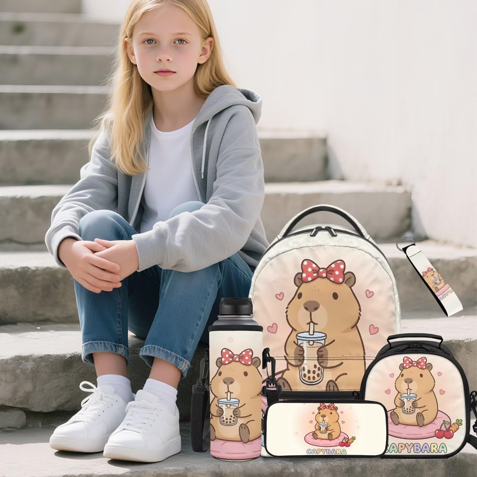 SEANATIVE Zestaw plecaków dla dzieci, 5 szt., kreskówkowa torba na książki z izolowaną torbą na lunch, Kawaii Capybara, Plecaki tornistry