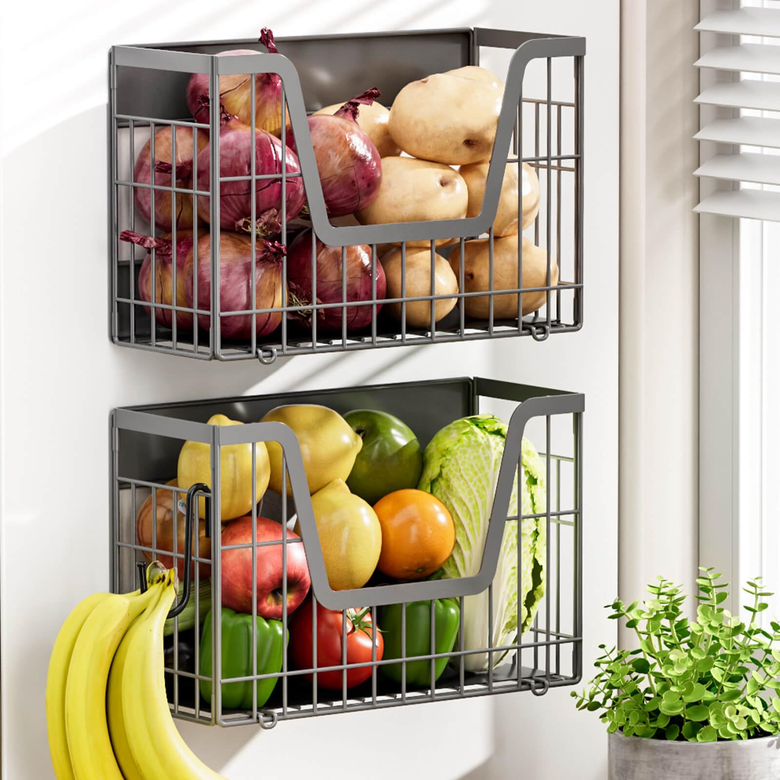 Grey Magnetic Shelf for Fridge, 2-Pack Potato and Onion Storage Bin