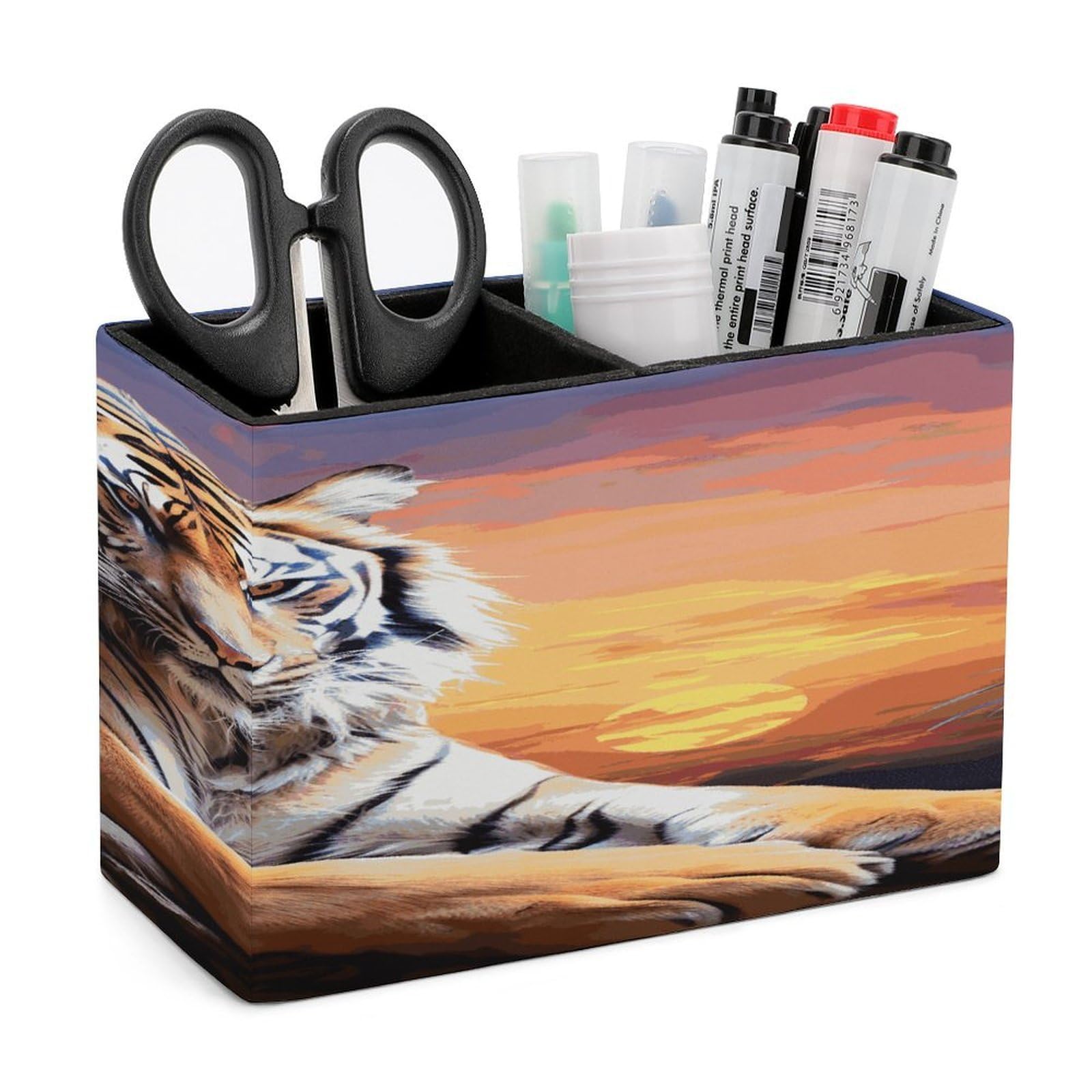 VstaDank Tiger Colorful Sunset Pencil Holder for Desk(Double Slots) Fashion Leather Pencil Cup Simple Rectangular Shape Pen Holder Multi-Functional Pen Cup for Home Office Supplies Storage