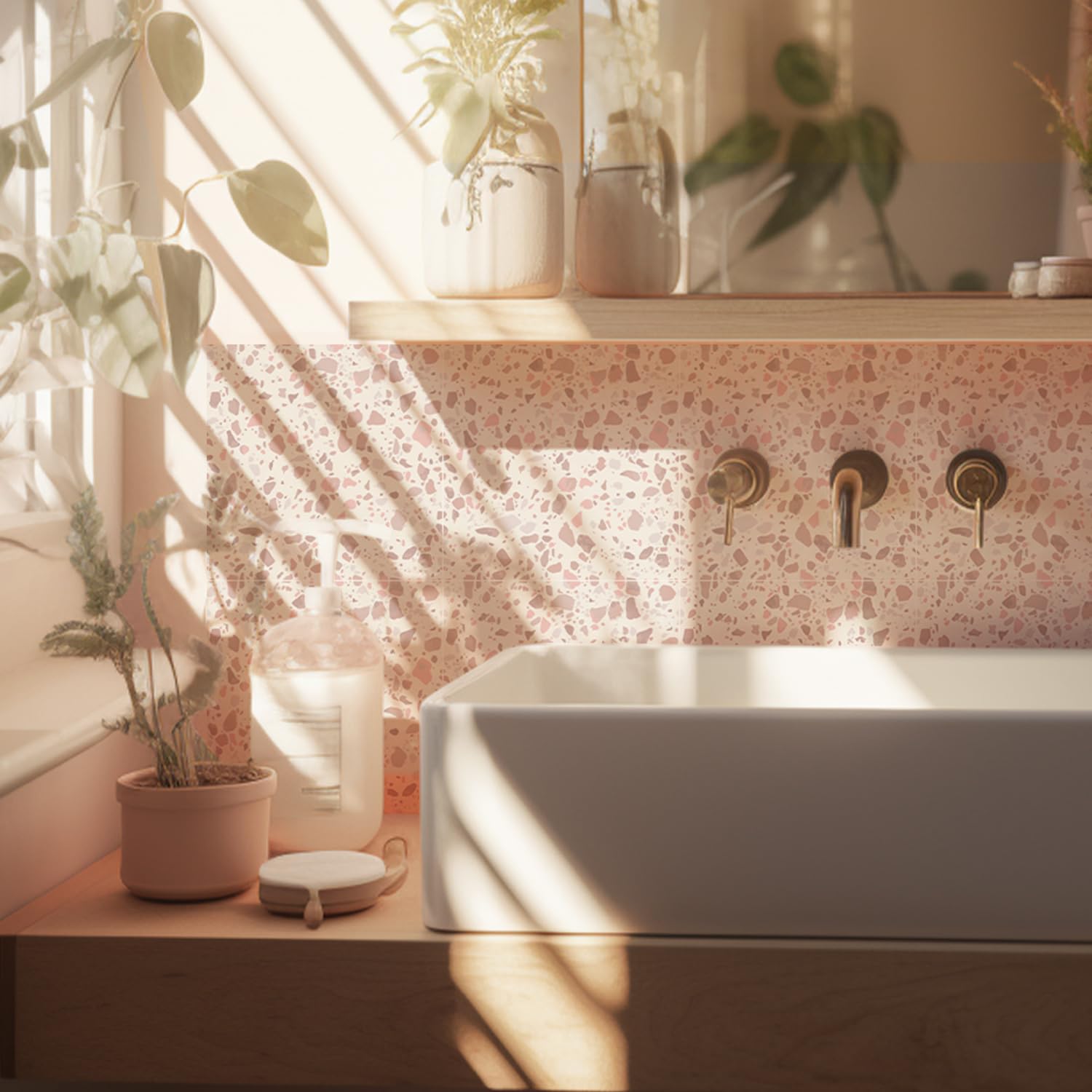 Alwayspon 25PcsX15cm/6inch Tile Sticker, Pink Terrazzo Self Adhesive Stick on Tiles Transfer Sticker for Bathroom Kitchen, Splashback for Cooker, Peel and Stick Adhesive Vinyl Wall Tiles Sticker