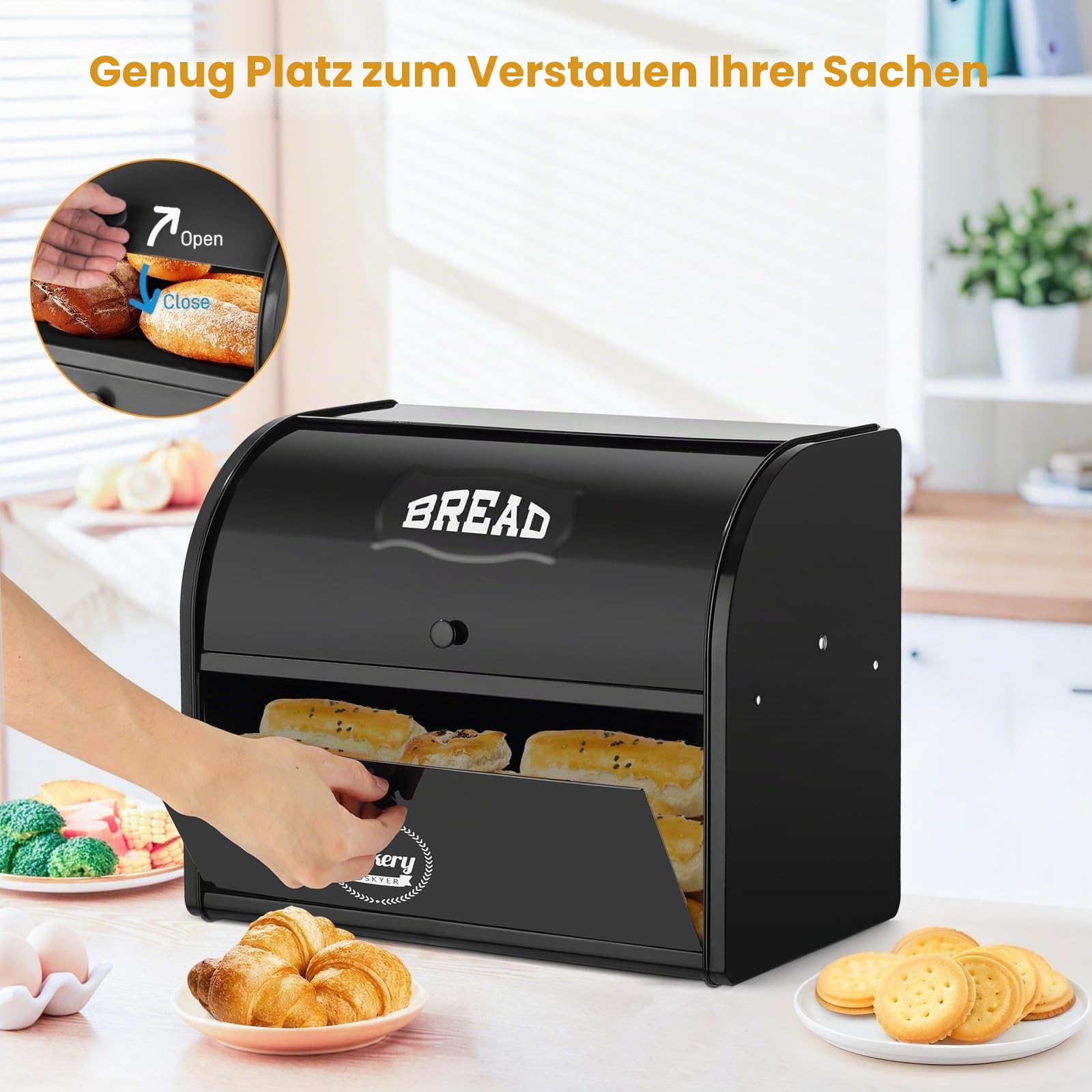 Edelstahl Brotkasten 2 Etagen mit Rolltop Deckel, extragroßer Brotbox Schwarz, Metall Brotbehälter bereits montiert, 40x24x32 cm Küchenaufbewahrung, geeignet für Gebäck und Kekse, Schwarz
