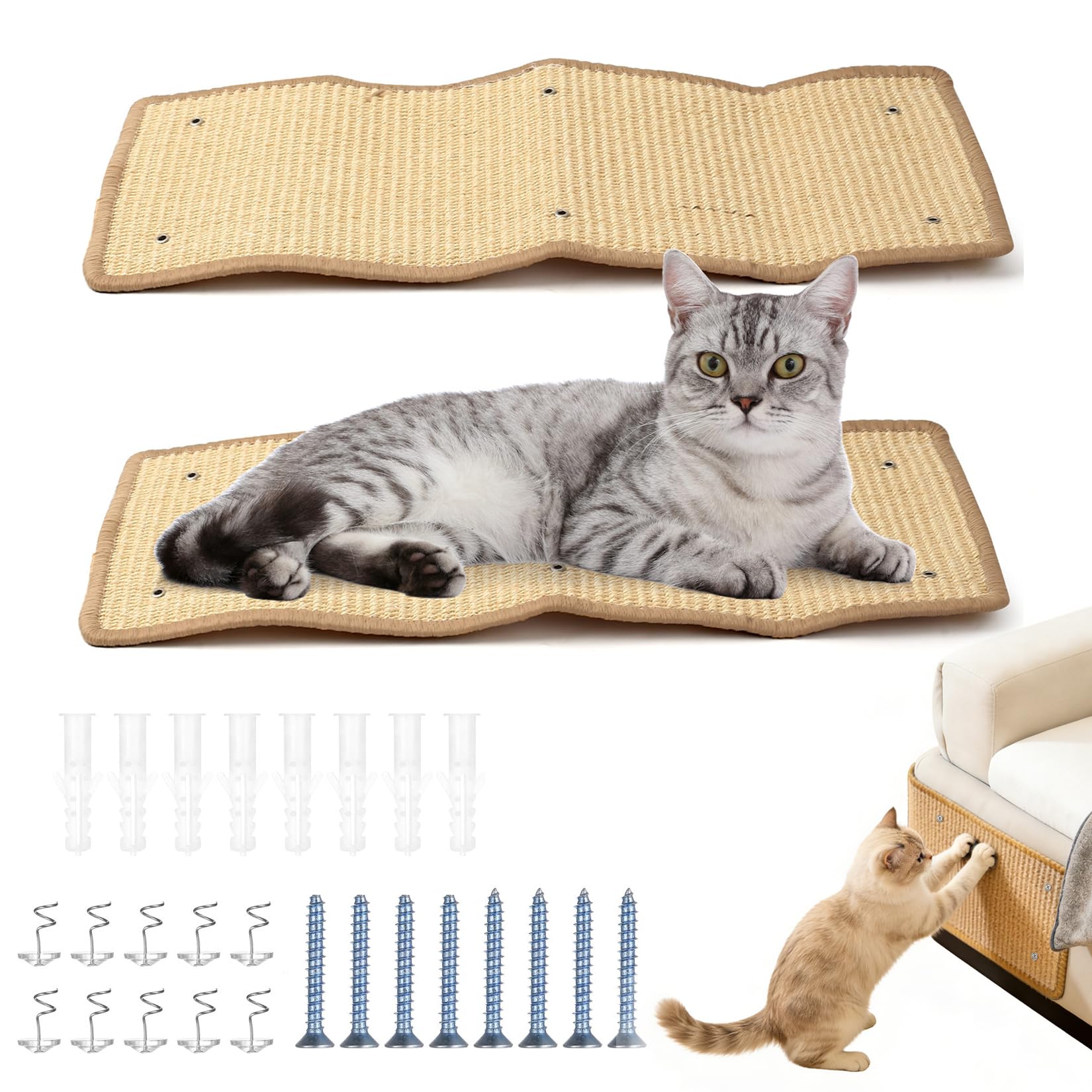 2 PcsCat Scratcher Mats,60x25cm Sisal Cat Scratching Mat, Cat Scratching Pads Boards, Anti Scratch Furniture Protectors for Protecting Furnitures Bed Sofa Protectors Mats Pad with Accessories(Yellow)