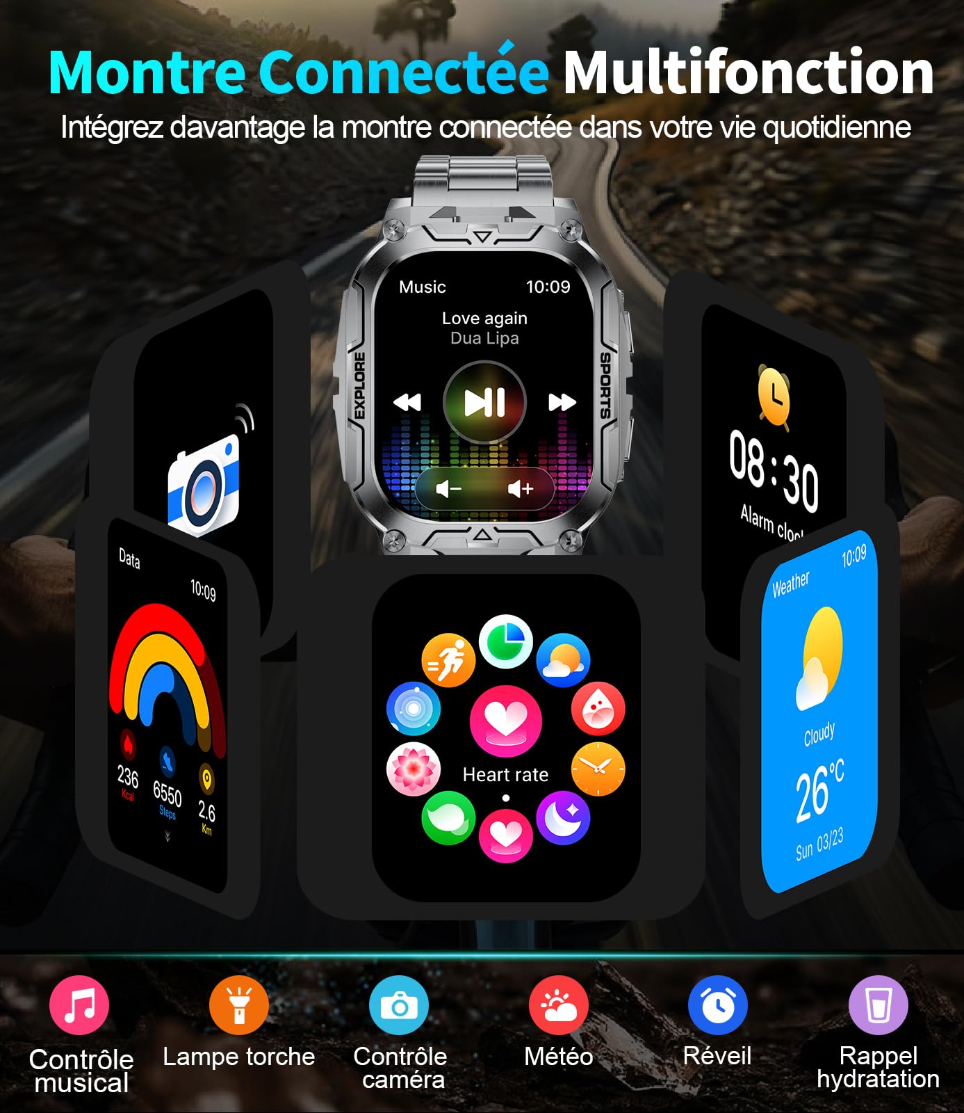 SUNKTA Montre Connectée Homme,1000mAh Longue Autonomie Batterie/1.7‘’ Grand Écran avec Appels/Lampe de Poche/IP68 Étanche Fréquence Cardiaque/Pédomètre,3 Bracelet Smartwatch pour Android iOS
