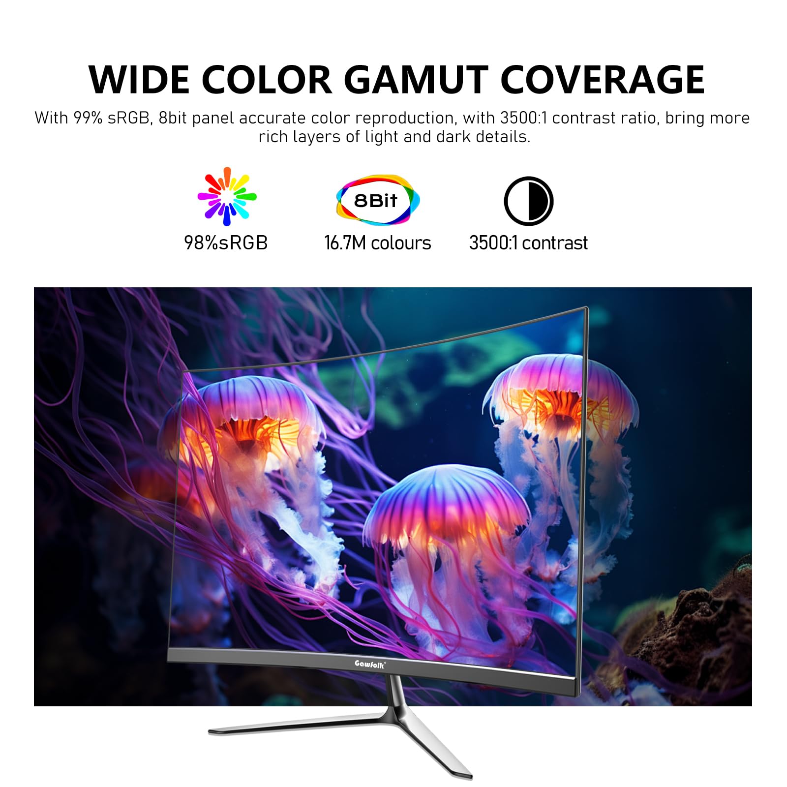 Gawfolk Monitor curvo da gioco da 24,5 pollici con altoparlanti integrati, schermo per PC 120 Hz Full HD 1080P, 3000R, HDMI 2.0, VGA, compatibile con montaggio a parete 75 x 75 mm