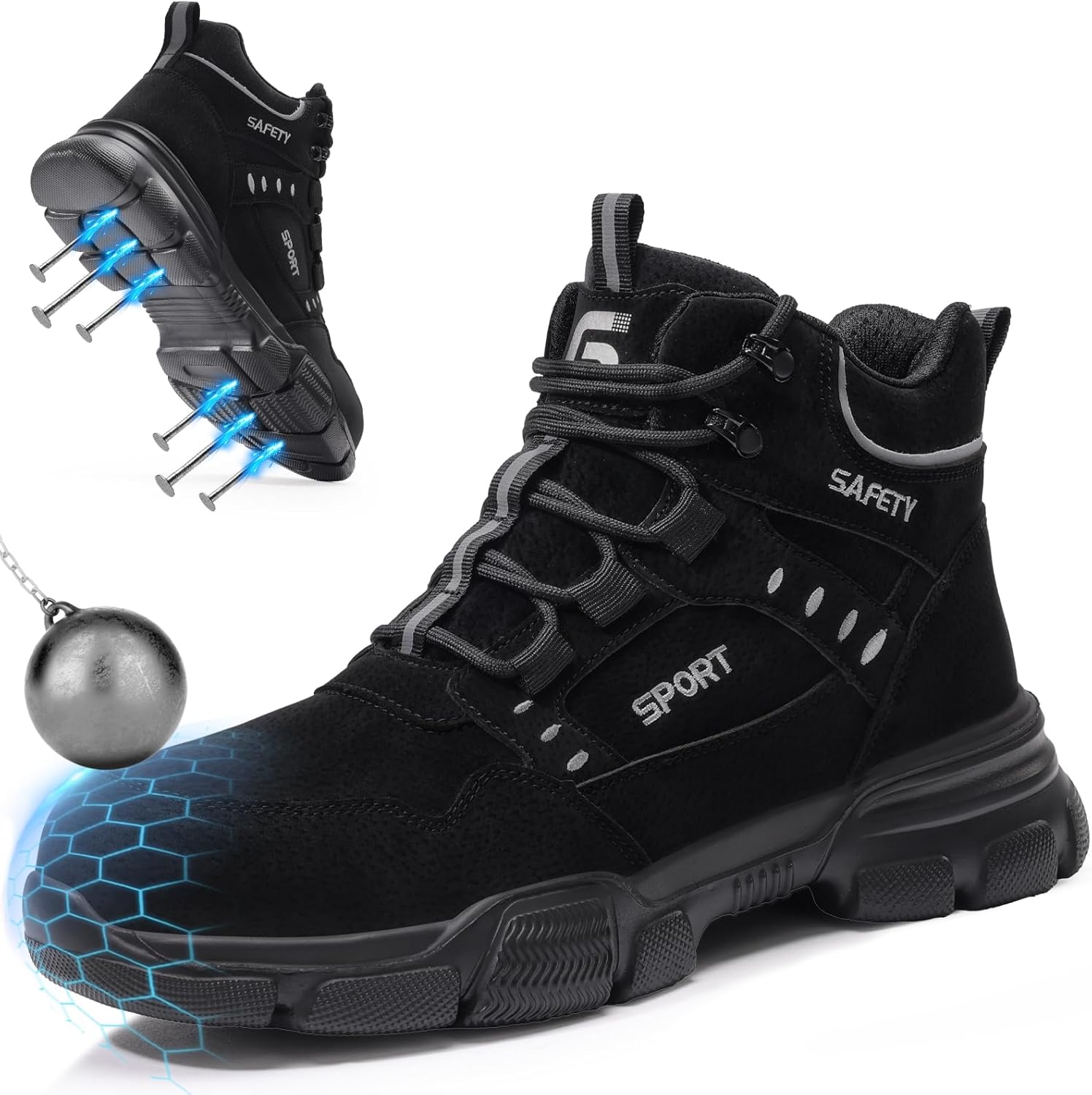 Steel Toe Boots for Men High Top Work Safety Boots with Kevlar Puncture Resistant Midsole Lightweight Industrial Men's Work & Utility Shoes for Construction Warehouse Factory Jobs