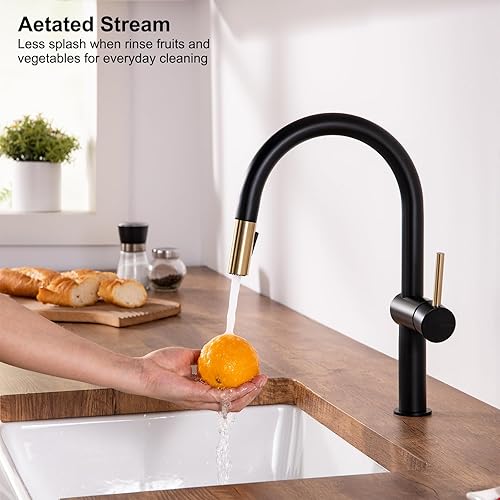 Miniatura 7 de Darnok 79721BX Luca - Grifo para fregadero de cocina con rociador extraíble, negro matedorado de lujo