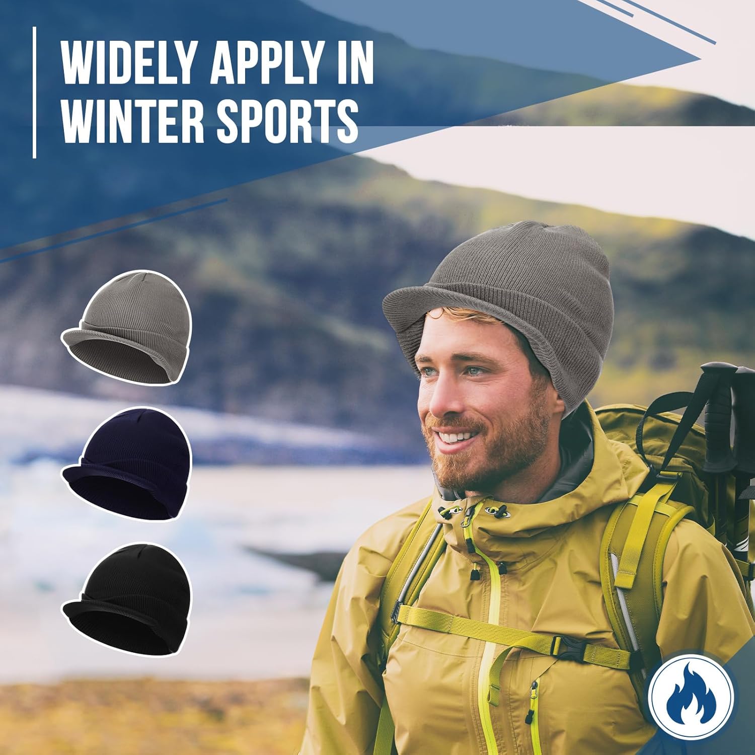 3 Pcs Winter Beanie Hat with Brim for Men Women Warm Double Knit Cuff Beanie Cap for Winter Outdoor Activities - Image 5