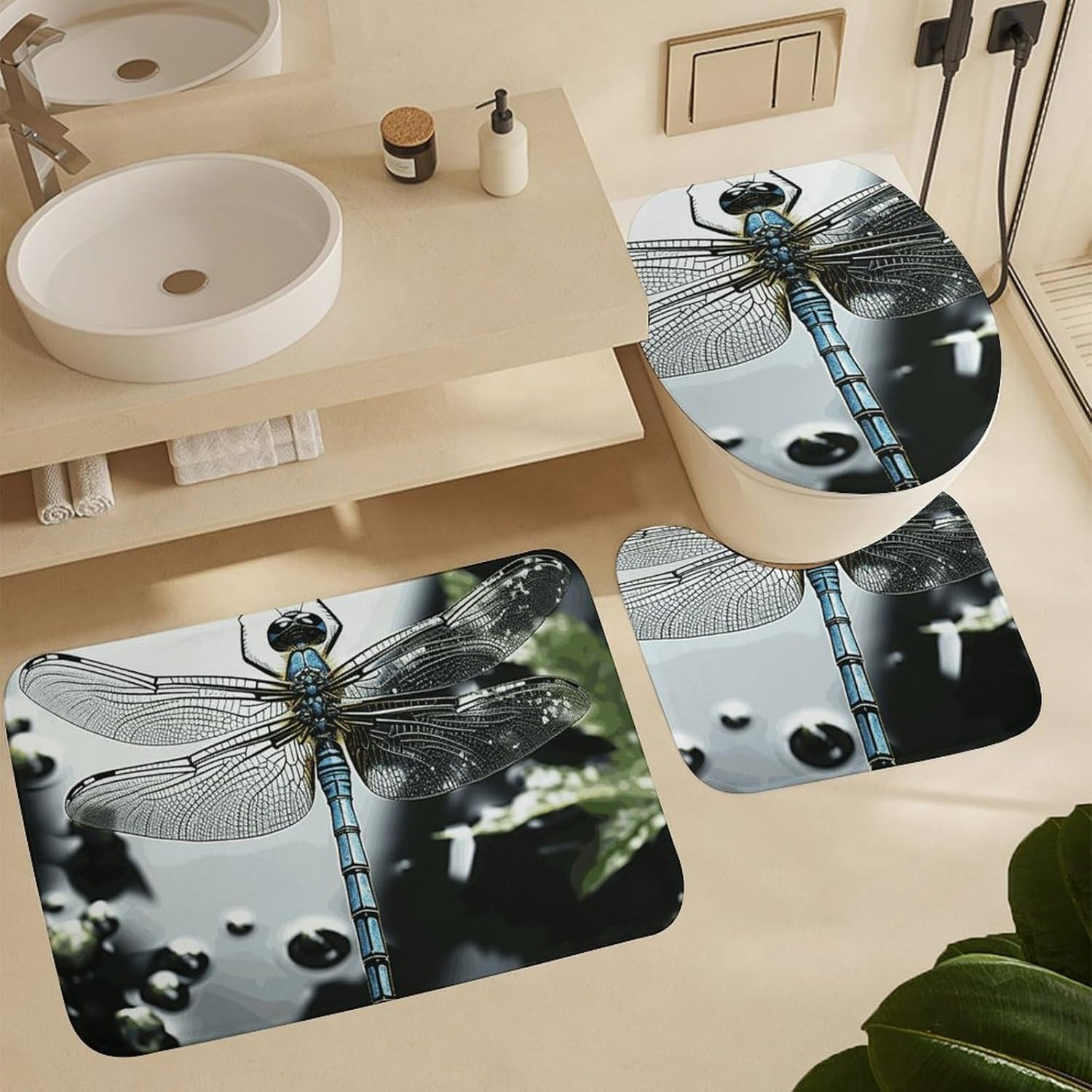 Dragonfly Shower Curtains Set 4 Piece with Non-Slip Rugs, Toilet Lid Cover and Bath Mat Soft Bathroom Carpet Waterproof Bathroom Curtain with 12 Hooks for Bathroom Decor
