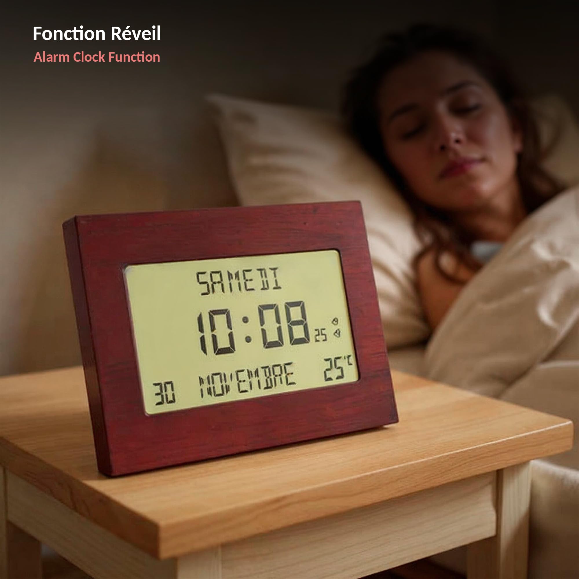 Fishtec Horloge Réveil Numérique Radiopilotée Motif Bois Grand Écran LCD Date Jour Température Double Alarme Snooze 23 x 16 cm