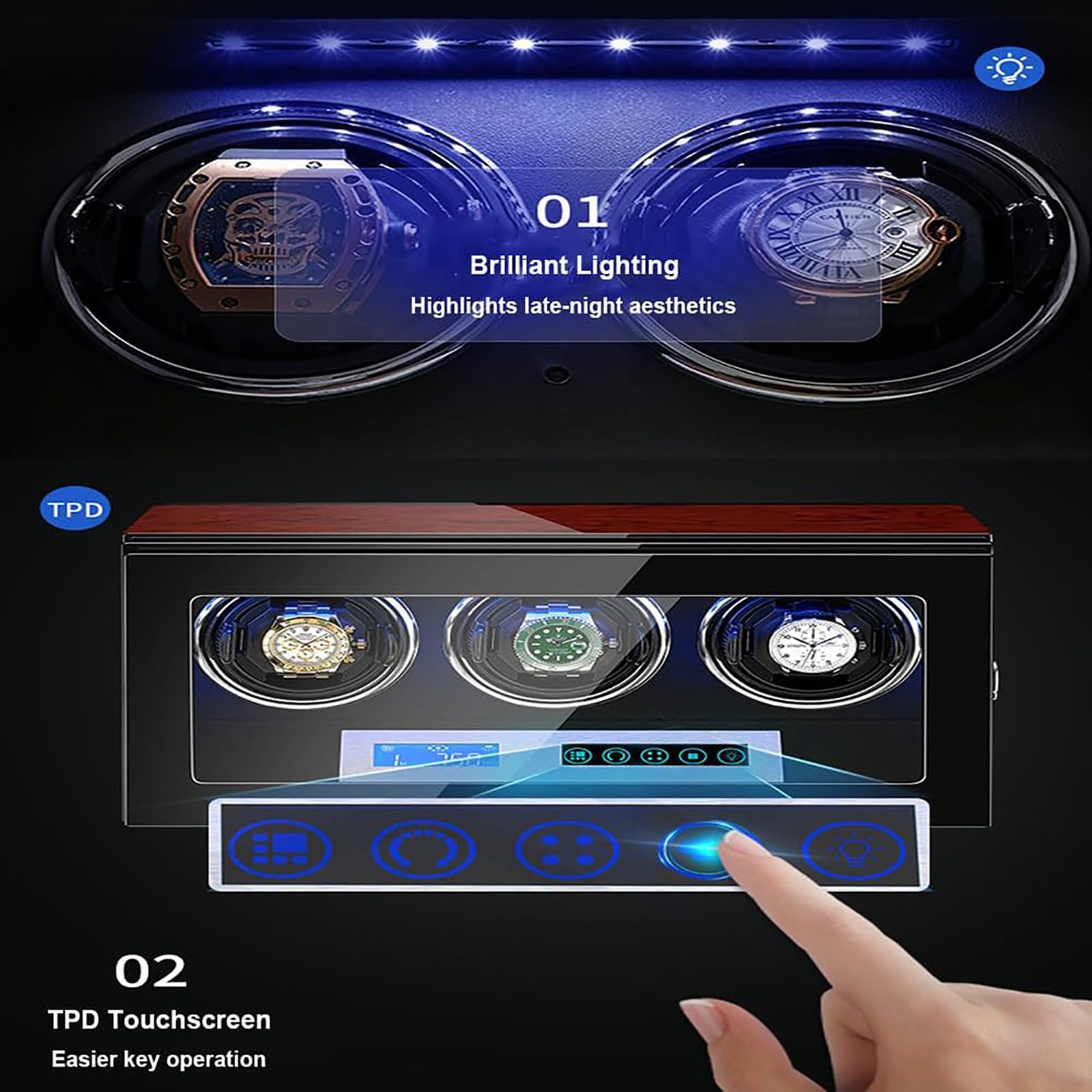Automatyczny Nakręcacz Zegarków, Pionowe Pudełko Do Przechowywania Zegarków, Wysuwany Klips 360°, Ekran Dotykowy Lcd – 5 Trybów, Niebieskie Światło Led, Cicha Praca 10dB, Unisex 2Watches