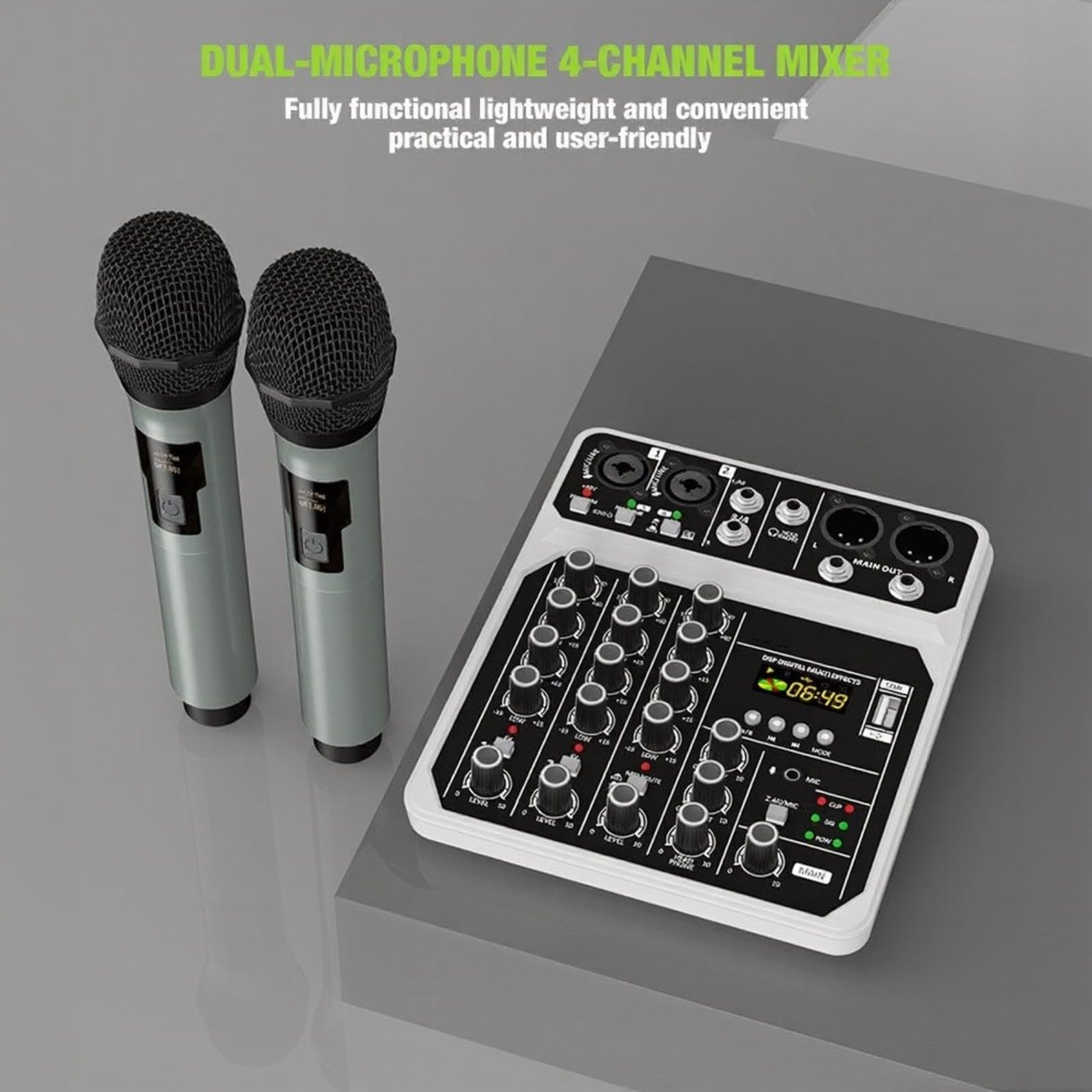 Mixer audio portatile a 4 canali con alimentatore da 48 V, riproduzione MP3 e microfoni per eventi di canto all'aperto