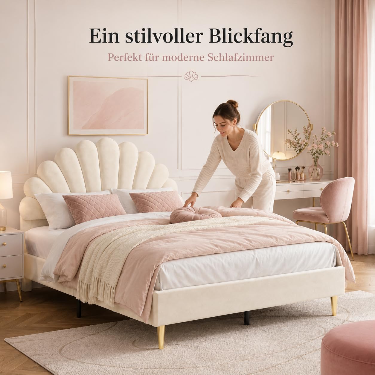Polsterbett 140x200 mit Kopfteil in Blumenform, Doppelbett 140x200 für Mädchen, Kinderbett Bettgestell mit Lattenrost, Jugendbett Gästebett aus Samtstoff, für kinder/Erwachsenen, Ohne Matratze