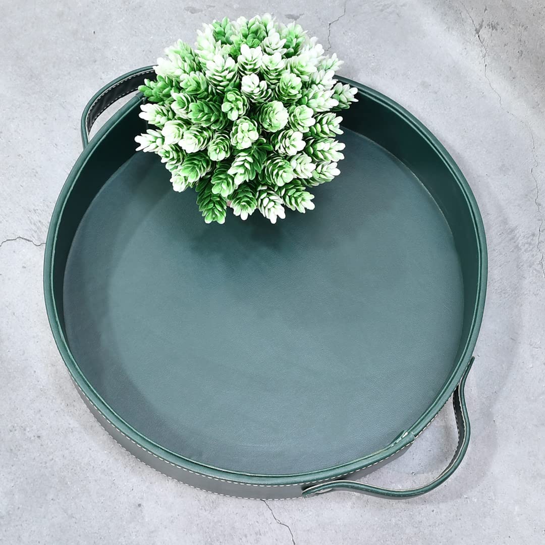 ARIJA Round Leather Tray with Handles_Made with Faux Leather_Tray for Serving_Table top Organiser_Gifting & Home Decor_Green- Size -12x12x2.5 inches