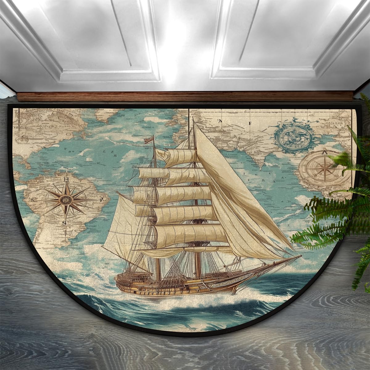 Mexpekil Half Round Door Mat, Nautical Map With Clipper Ship Compass Non-Slip Semi Circle Area Rug for Front Door Hallways Entrance, Washable Indoor Outdoor Doormat