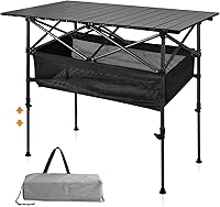 Audoyon 37.4" Folding Camping Table Roll-Up Portable Height Adjustable Outdoor Picnic BBQ Table Mesh Storage Ash Black