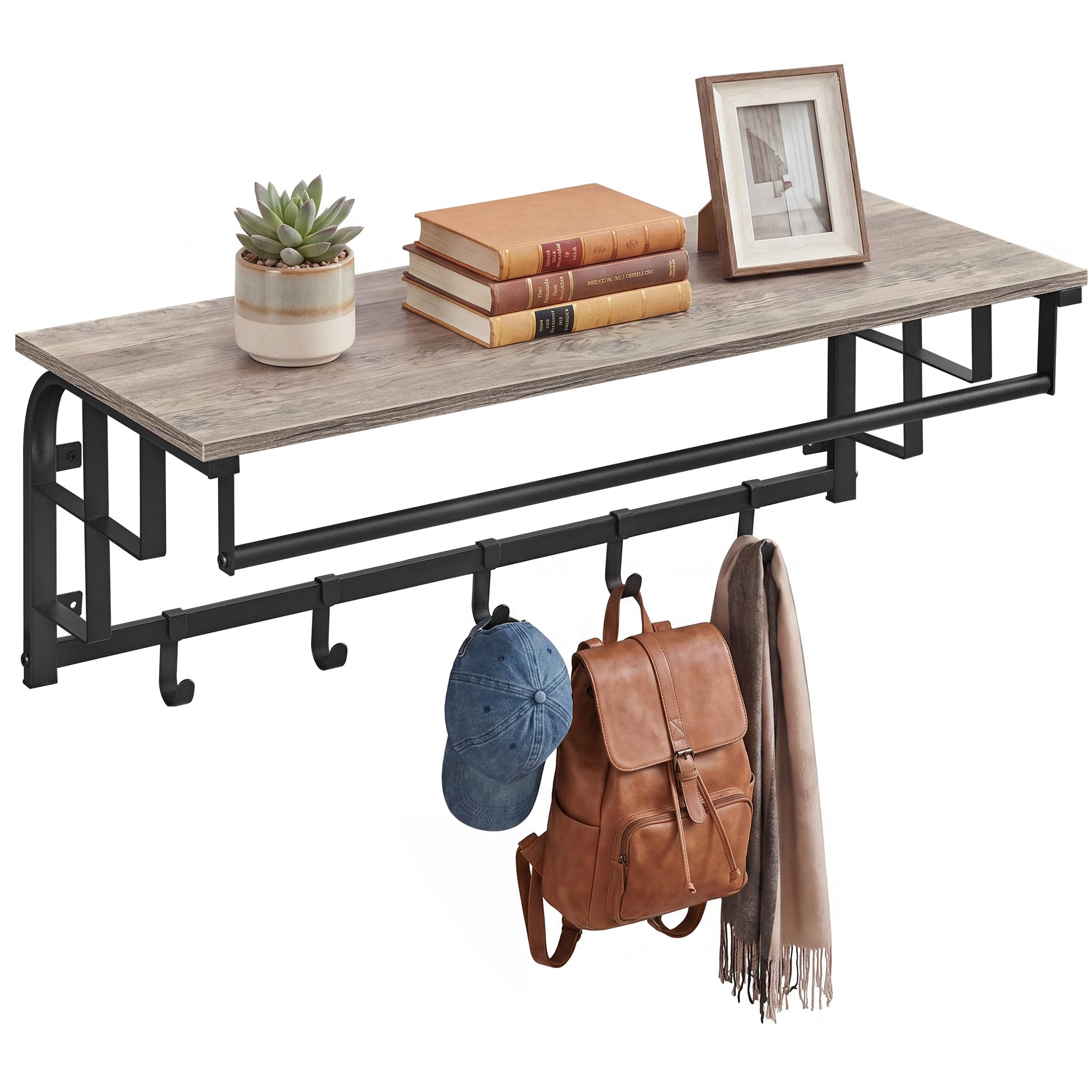 VASAGLE Coat Rack Wall-Mounted, Clothes Rail with 5 Removable Coat Hooks, Floating Shelf with Hanging Rail, for Hallway, Bedroom, Living Room, Greige and Black LCR102B02