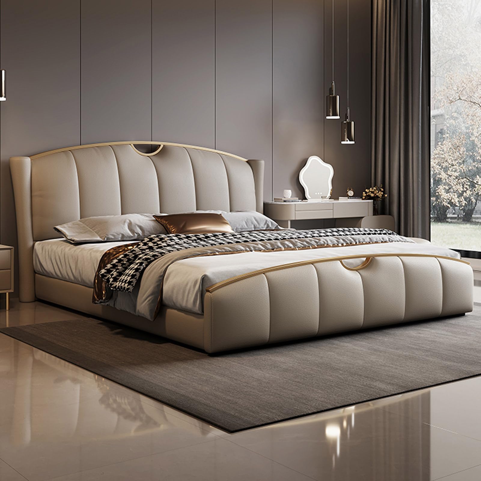 Luxury King Size Genuine Leather Bed Upholstered Platform Bed Frame with Headboard and Storage Drawers No Box Spring