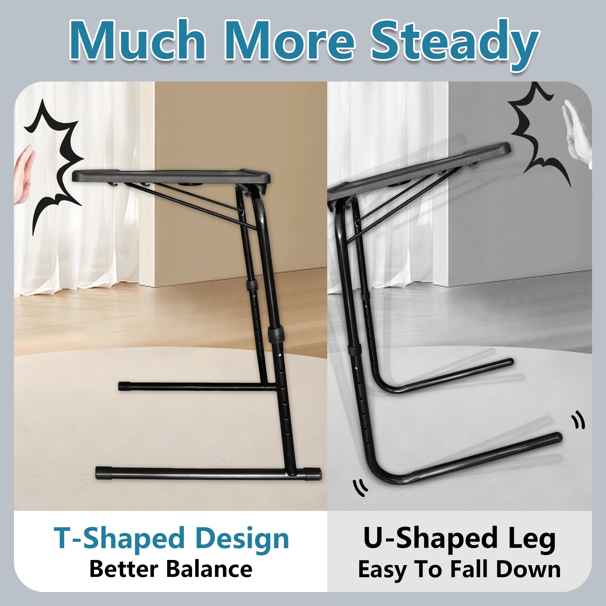 MISZP Adjustable TV Tray Foldable Table - TV Dinner Tray on Bed & Sofa, Comfortable Better Folding Table with Cup Holder, 6 Height & 3 Tilt Angle Adjustments (Black)