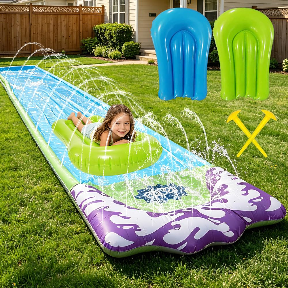 Zjeżdżalnia wodna do ogrodu, 480 x 70 cm, Single Water Slide, mata antypoślizgowa z 2 bodyboardami, wbudowanym zraszaczem, zabawka wodna do ogrodu i na zewnątrz, dla dzieci i dorosłych