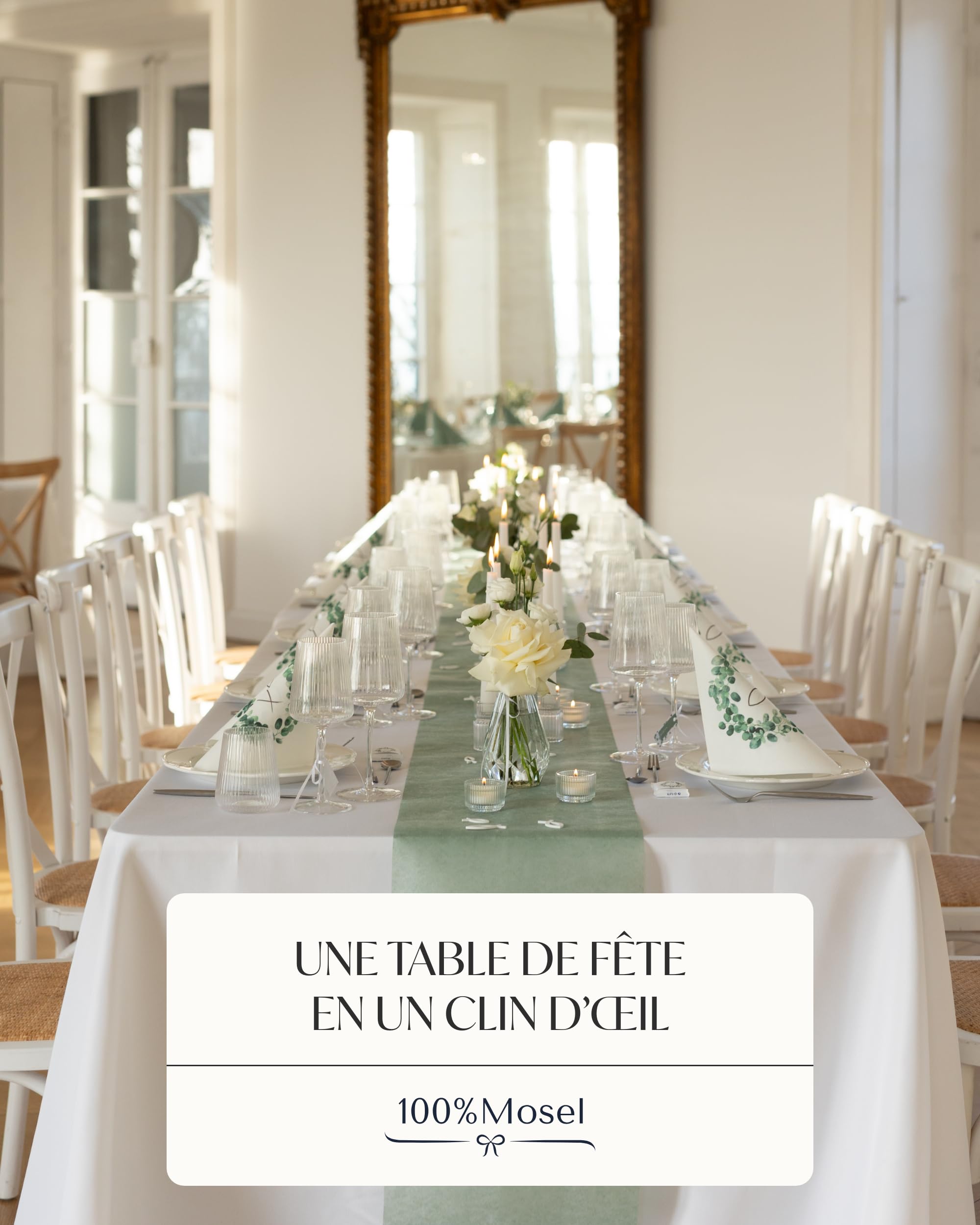 100% Mosel Kit Décoration de Table – Couronne Eucalyptus & Poisson (25–50 Invités) – Set complet pour Communion avec Chemin de Table, Serviettes Airlaid & Confettis