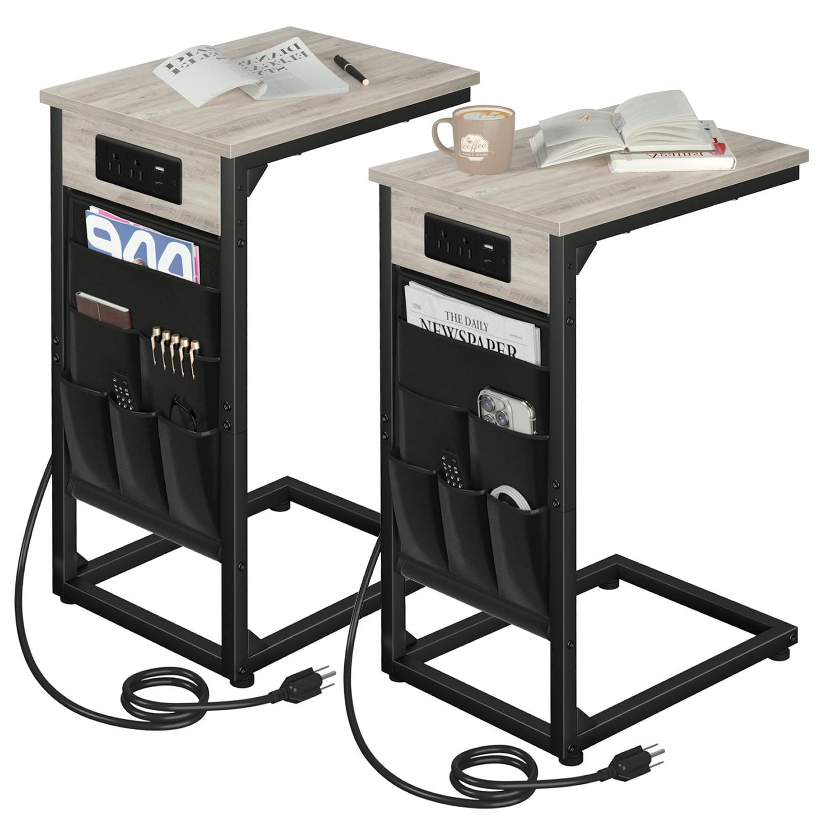 AMHANCIBLE C Shaped End Table with Charging Station, TV Tray Set of 2, Couch Tables with Storage Bag, Slide Under Sofa Side Table with USB Ports and Outlets for Living Room HET04CBR