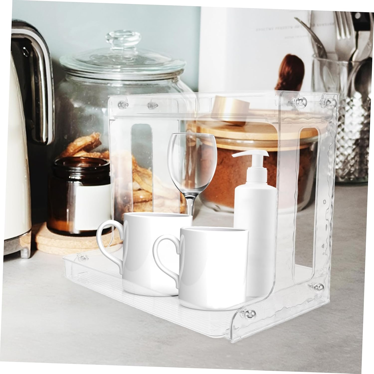 Double Cup Storage Holder Kitchen Countertop Rack for Coffee Mugs Versatile Desktop Organizer for Home Office Pet Material Sleek Design Maximize Space Easy to