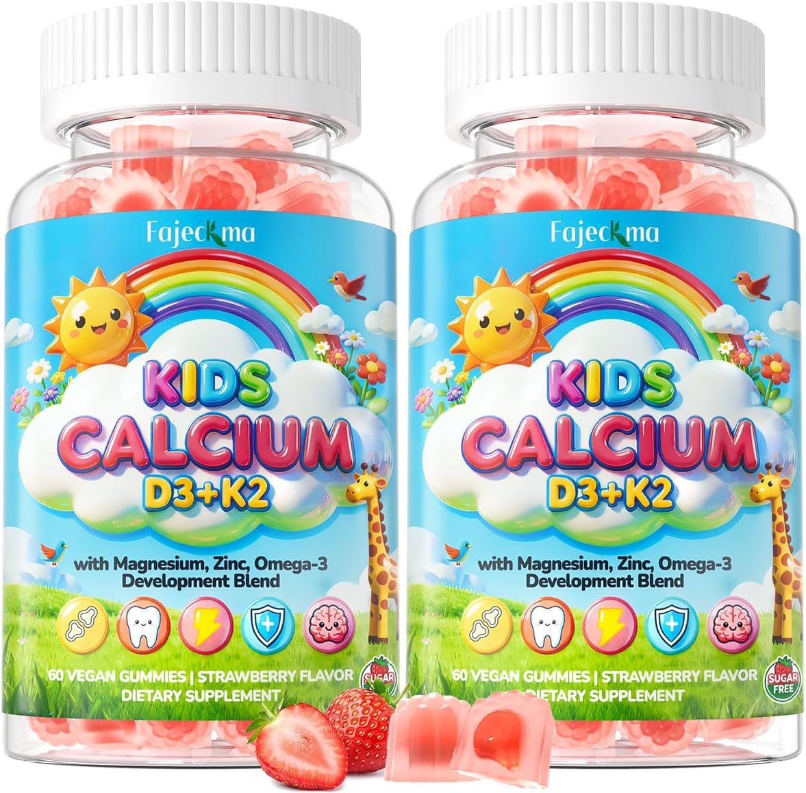 Kids Calcium Citrate Gummies: Organic Chewable Calcium Supplement with Vitamin D3 K2 Magnesium Zinc Vegan Omega Probiotic - Sugar Free High Absorption Gummy for Kids Overall Health (120Count)