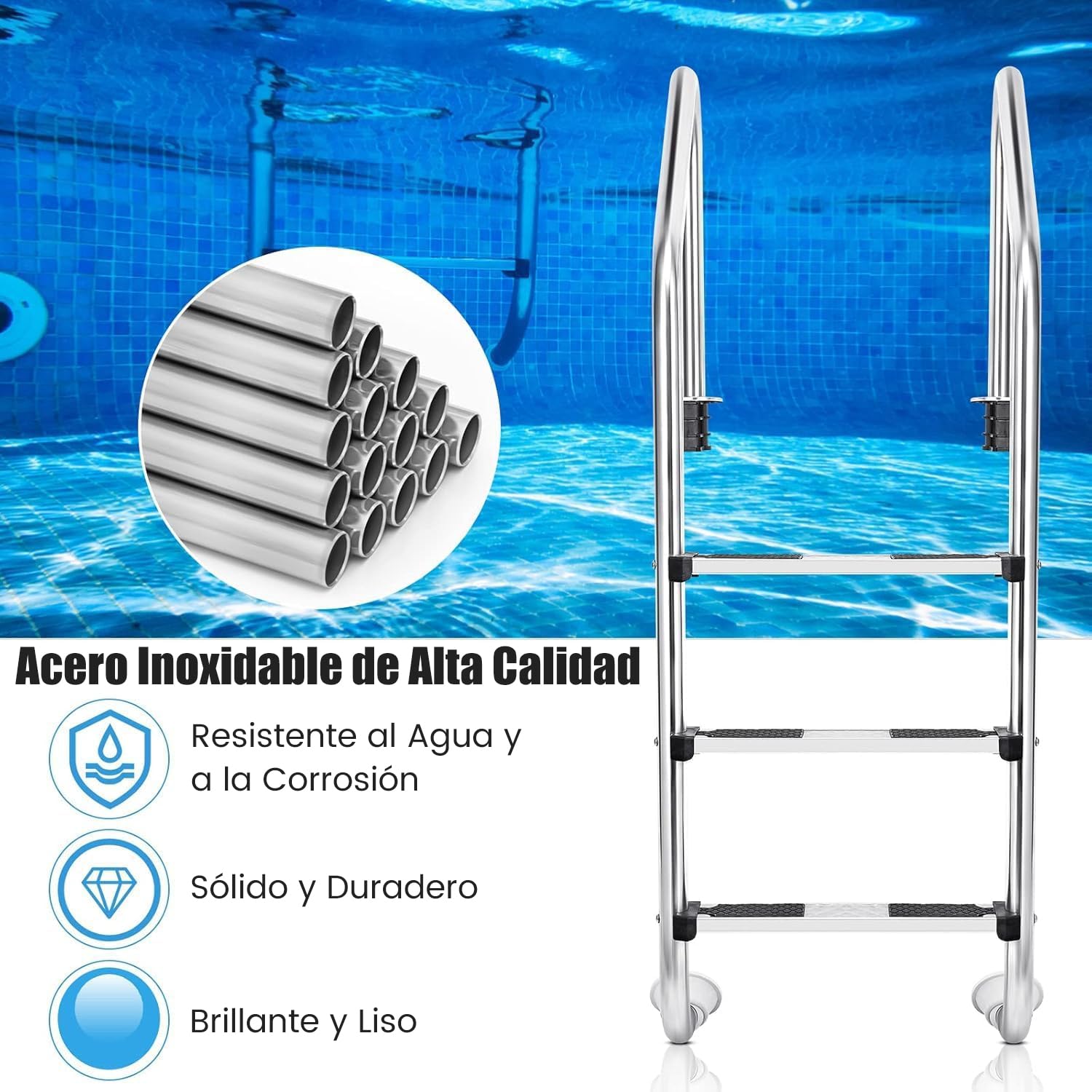 RELAX4LIFE Escalera de Piscina de Acero Inoxidable de 3 Niveles con Pasamanos, Escalera de Entrada de Piscina con Almohadillas Antideslizantes, Carga 150 kg, 63x53x147cm, Plateado