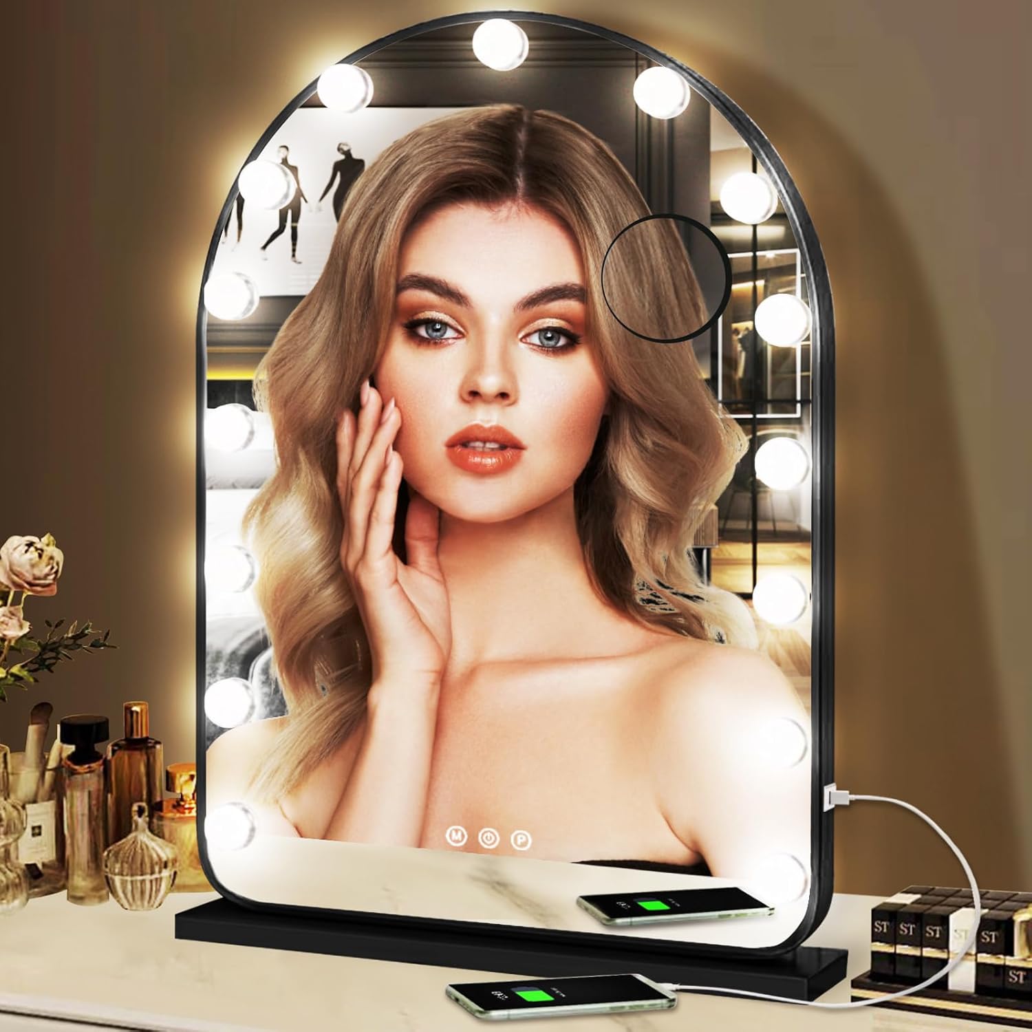 Hollywood Arch Black Vanity Makeup Mirror with Lights 12 Bulbs Dimmable 3Color Black Lighted Vanity Mirror for TableTop Wall Detachable Base X10 Magnifying Arch Makeup Desk Mirror with Lights
