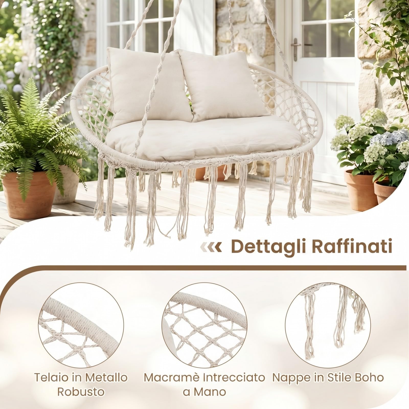 COSTWAY Sedia a Dondolo da Esterno ed Interno, Poltrona Sospesa Intrecciata a 2 Posti con Nappine in Stile Boho, 3 Morbidi Cuscini, Corde e Anelli, Portata 250 kg, per Balcone, Soggiorno e Giardino