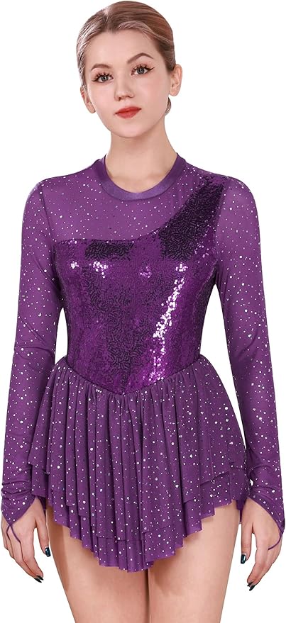 Mädchen Eiskunstlauf Kleid Langarm Ballettkleid Mit Strass Turnanzug