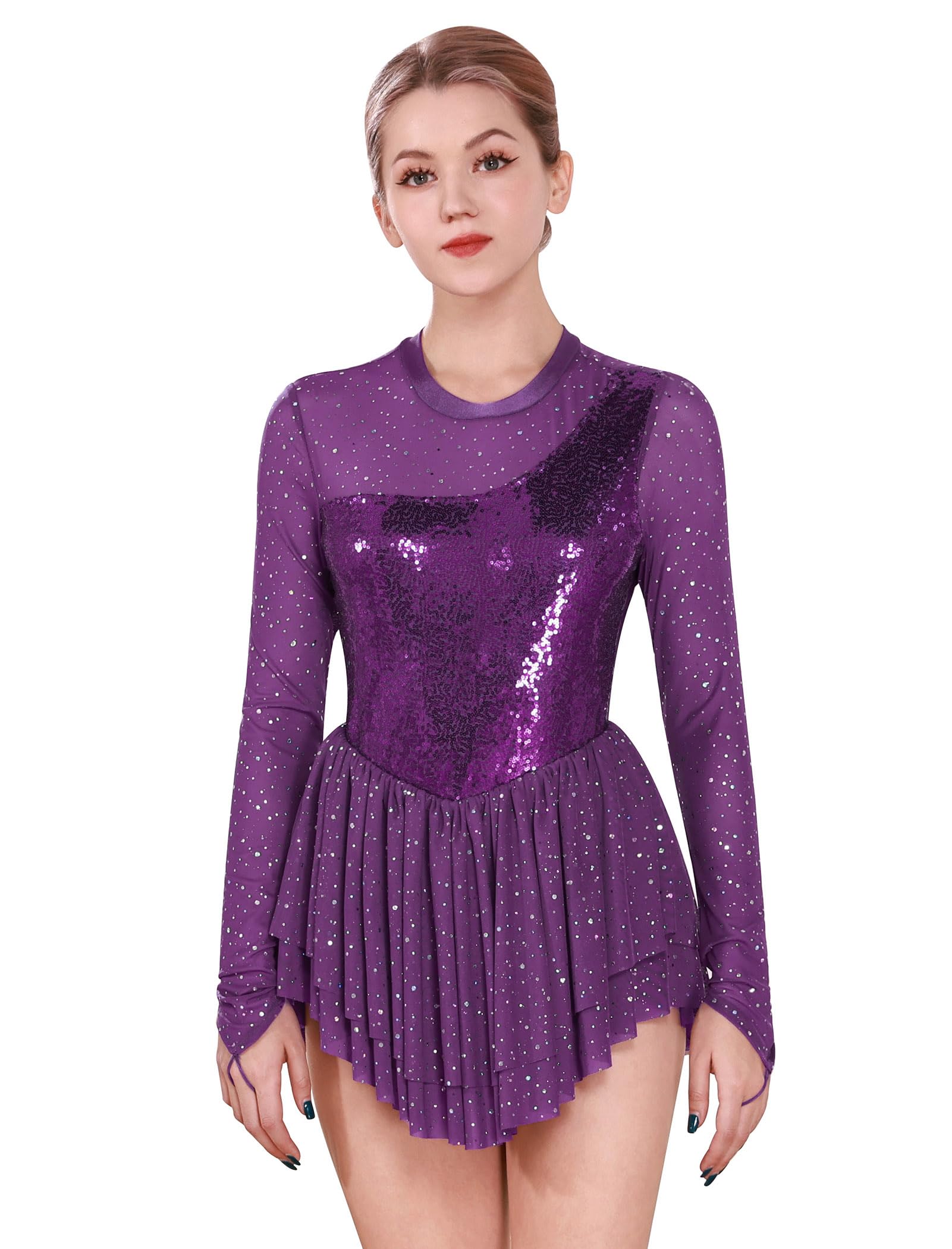 FYMNSI Vestido de patinaje artístico para mujer, lentejuelas, manga larga, ballet, gimnasia, leotardo, danza, tallas XS-XL