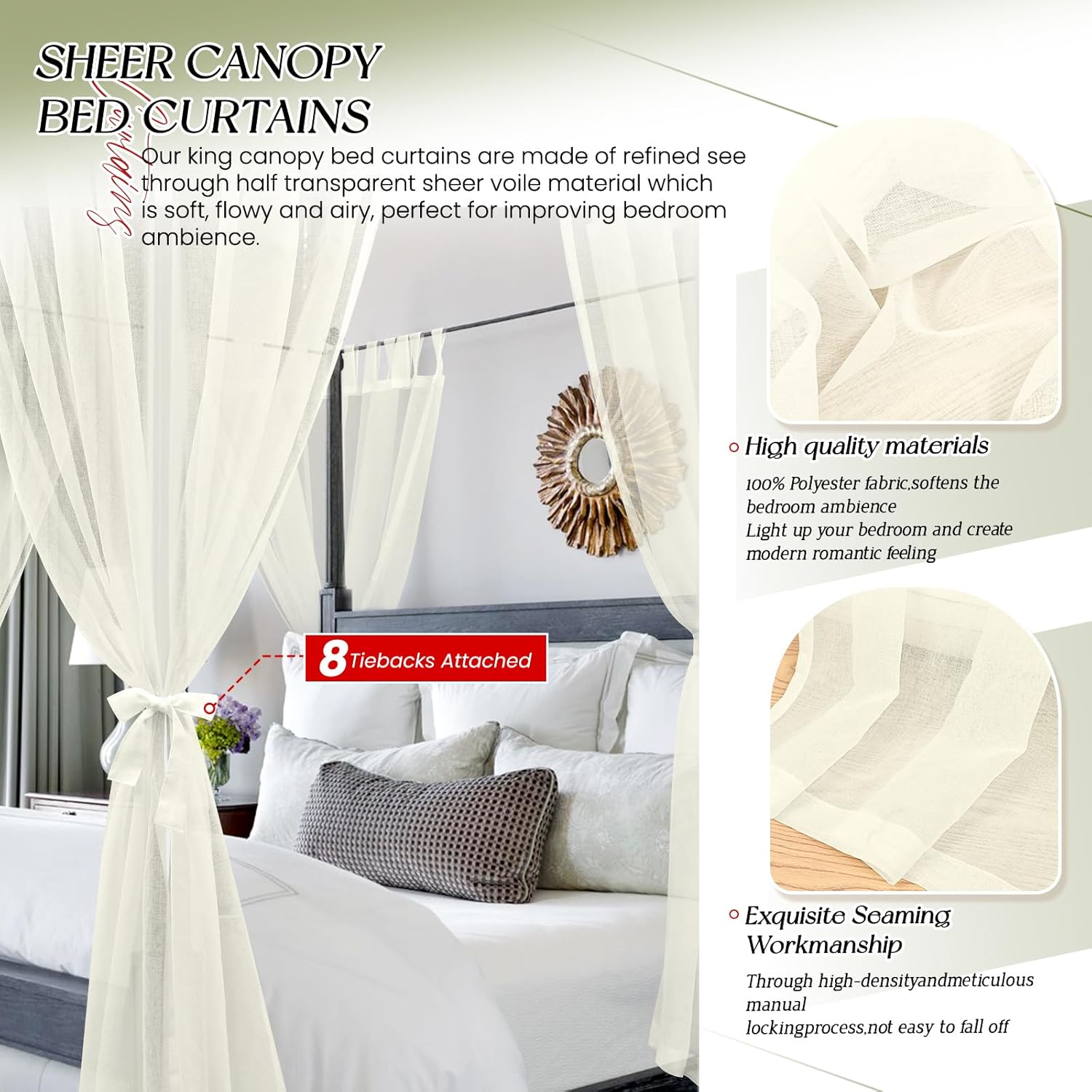 8 Panels Canopy Curtains Ivory Canopy Bed Curtains for King Full/Queen and Twin Bed Frame,Four Poster Bed Canopy Curtains Drapes,Sheer Canopy Bed Drapes with Top and Self-Adhesive Velcro(42"x74")