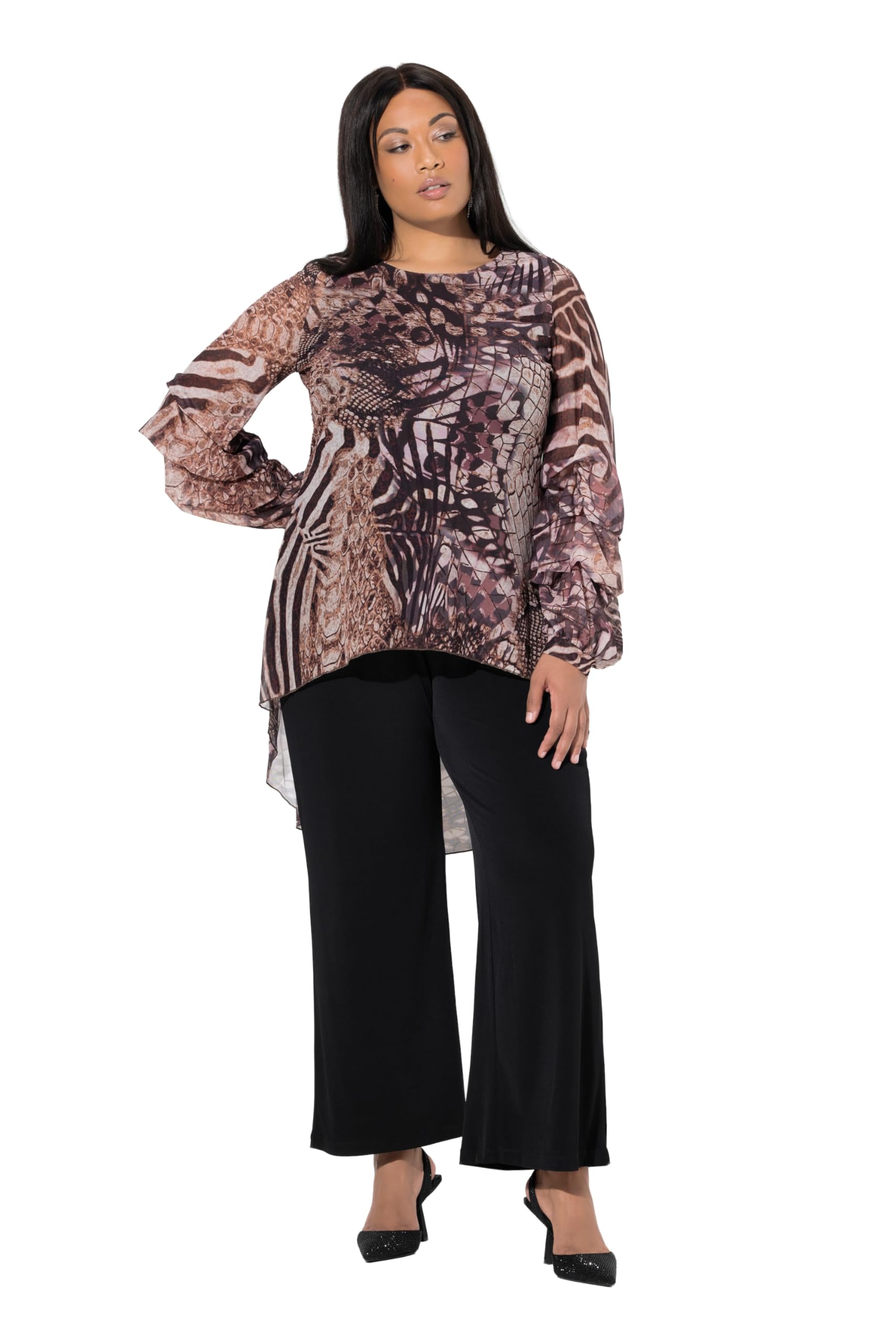Ulla Popken Damen große Größen Übergrößen Plus Size Mesh-Shirt, Animaldruck, Rundhals, drapierter Langarm 847423