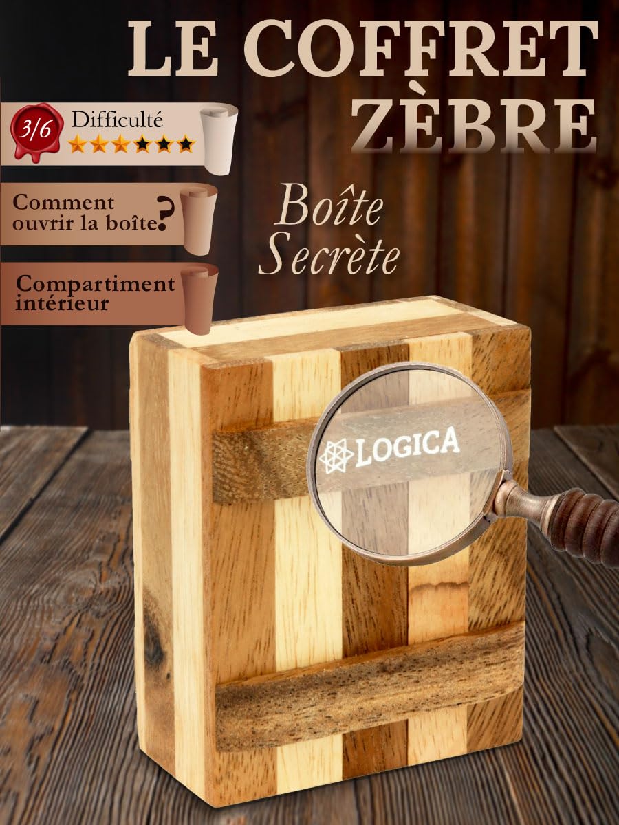 Logica Jeux Art. Le Coffret Zèbre - Boîte Secrète - Difficultè 3/6 Difficile - Casse-Tête en Bois - Collection Leonardo da Vinci