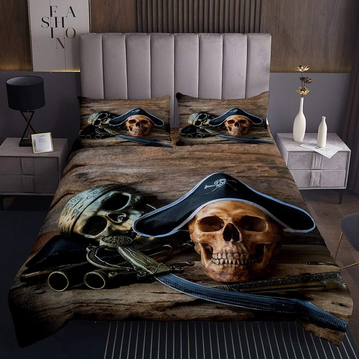 Juego de Colcha de Calavera gótica niños, jóvenes, 3D,de Calavera Pirata en 3D, Colcha Acolchada de Horror para Dormitorio
