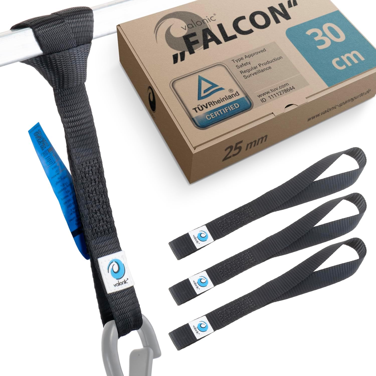 valonic FALCON - 4x soft loop tie down straps, 30cm, 25mm, 1000kg, TÜV Rheinl. certified, EN-12195-2 - black, for motorcycle handlebar, motorbike, roof rack