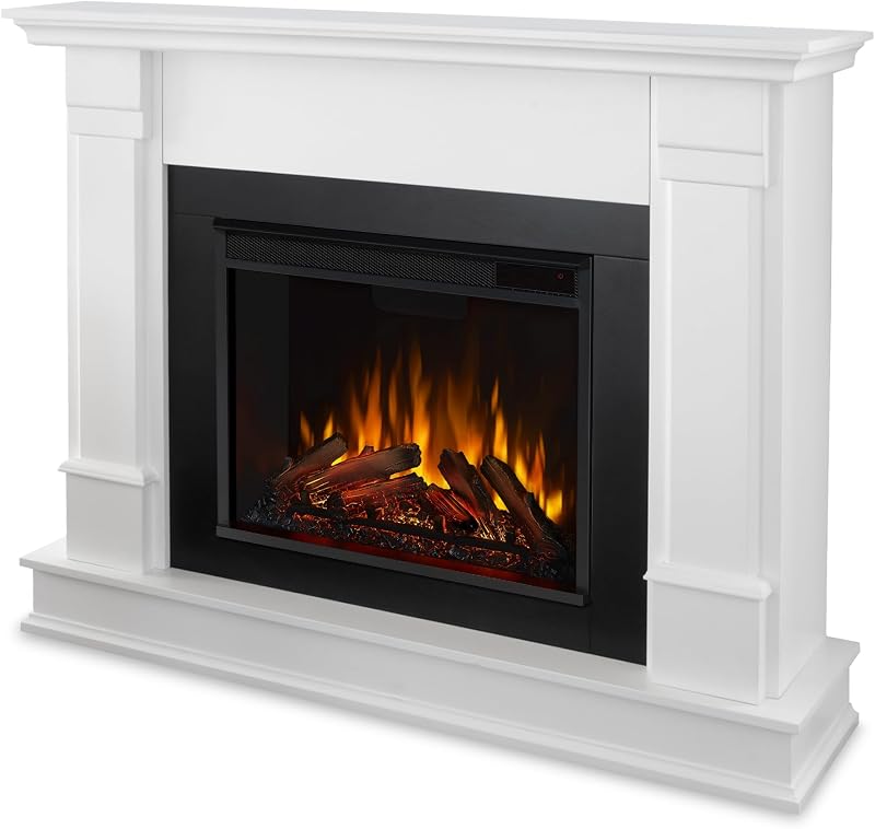 Real Flame Silverton Chimenea eléctrica de 48 pulgadas con repisa para sala de estar o dormitorio, calentador reemplazable para chimenea, efecto realista de tronco y llama, control remoto, temporizador, color blanco