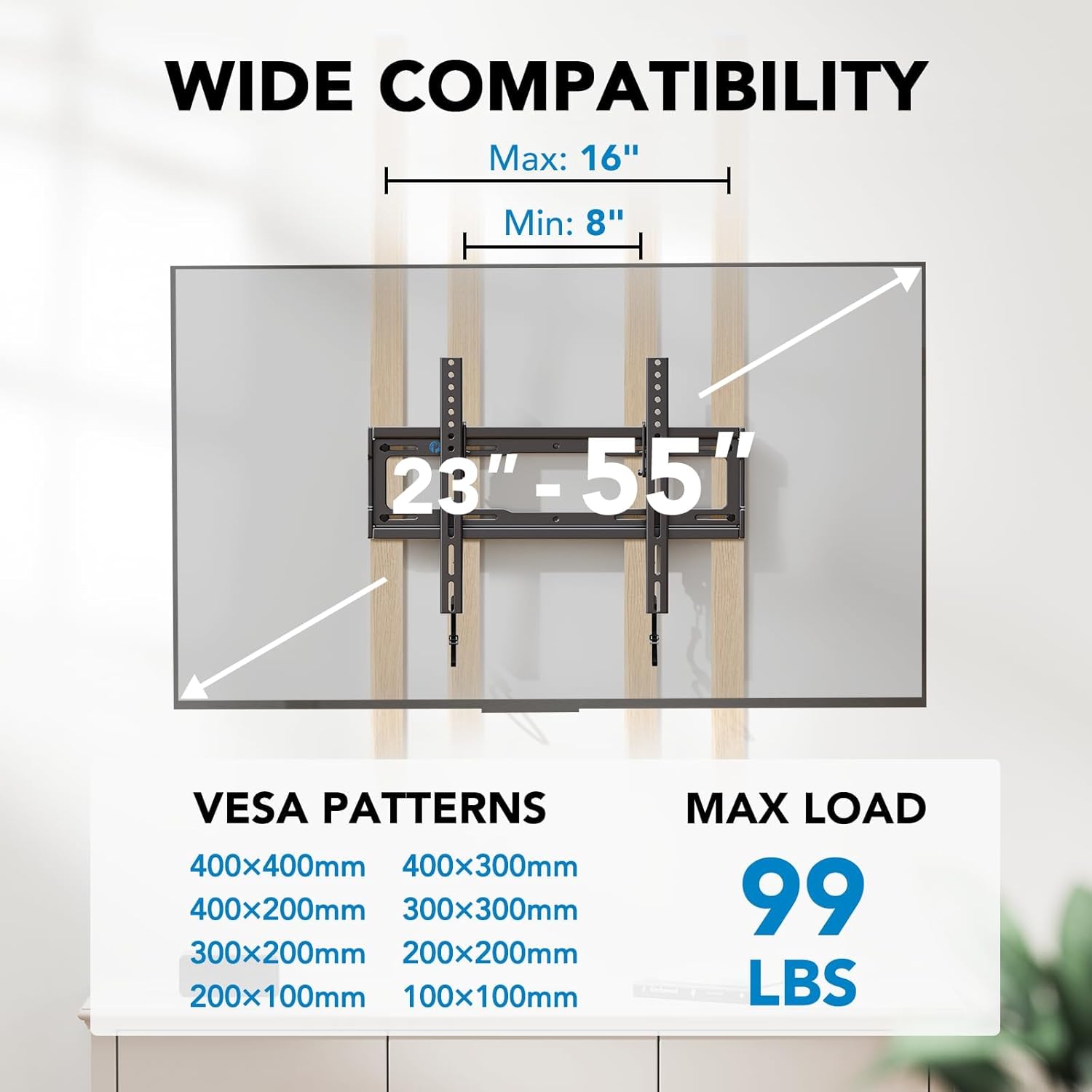 Pipishell Tilt TV Wall Mount Bracket Low Profile for Most 23-55 Inch LED LCD OLED 4K Flat Curved TVs up to 99lbs Max VESA 400x400mm, 8° Tilting for Anti-Glaring, Fits 8-16 inch Wood Stud 23"-55" Tilt TV Wall Mount