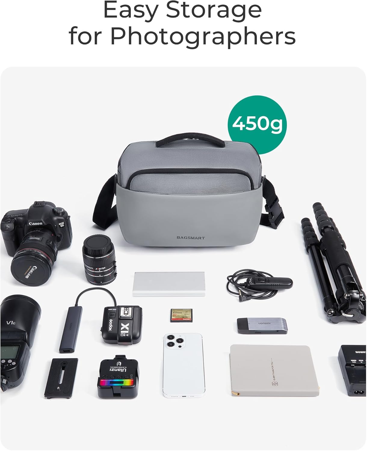 BAGSMART Camera Sling Bag, Small Camera Bags for Photographers with Tripod Holder, Waterproof DSLR/SLR/Mirrorless Camera Bags Crossbody with Rain Cover, Compatible with Canon Sony Nikon, Gray - Image 2