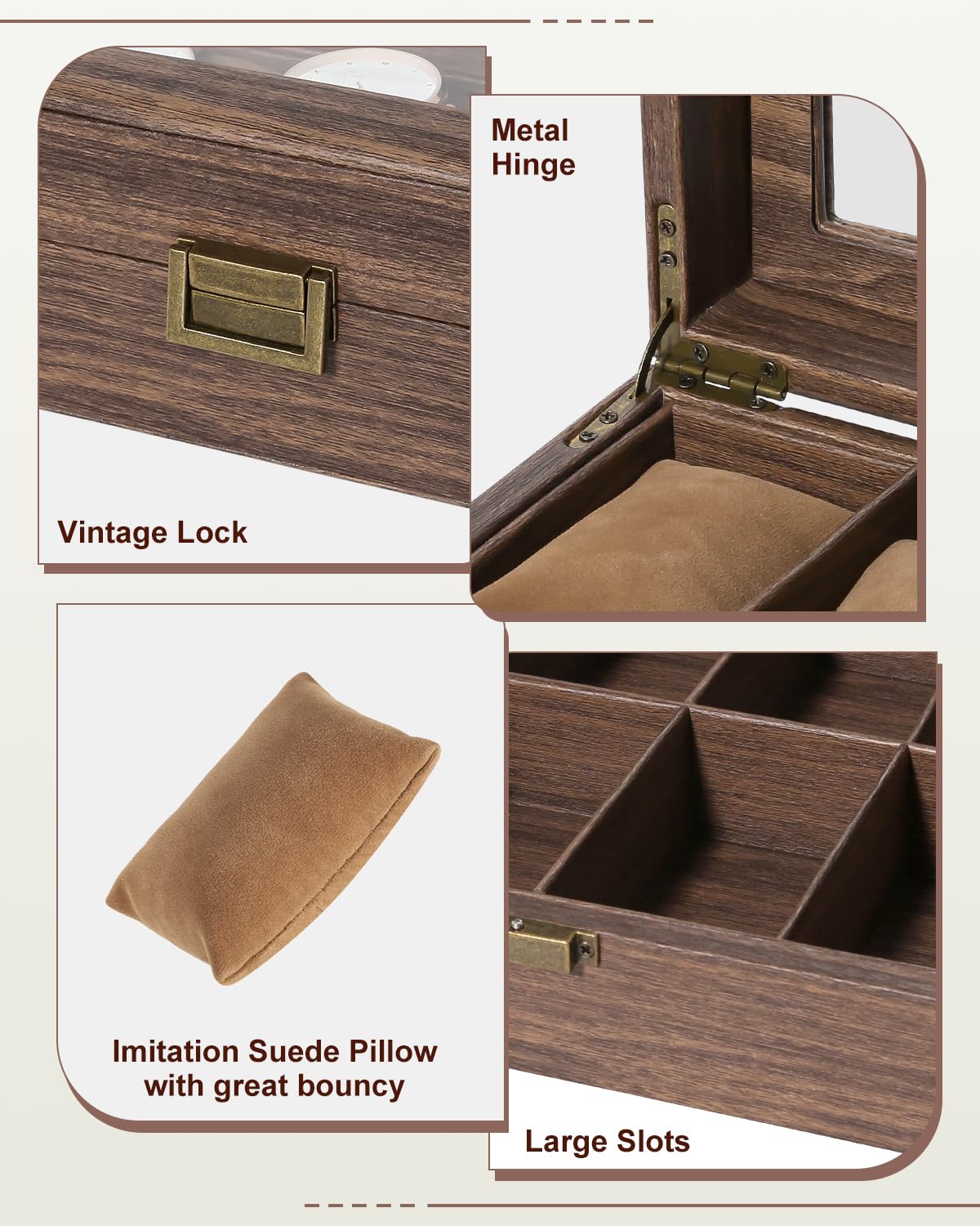 Uten Porta Orologi a 12 Scomparti, Scatola per Orologi con Cuscinetti Rimovibili, Venatura del Legno Pelle PU, Fibbia in Metallo, Interno Marrone, Scatola Portagioielli per Orologi Uomo e Donna
