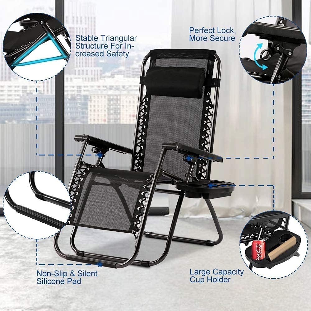 Set of 2 Adjustable Zero Gravity Chair Folding Reclining Lounge Chairs with Pillows and Cup Holder Trays for Poolside Backyard Beach,Black