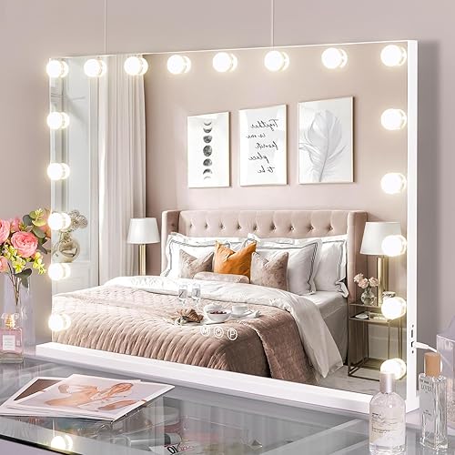 Fenair Large Vanity Makeup Mirror with Lights 32"X23" Lighted Hollywood Mirror with 18 Dimmable Bulbs, 3 Color Light Settings, USB Port, Bedroom Makeup Mirror for Tabletop