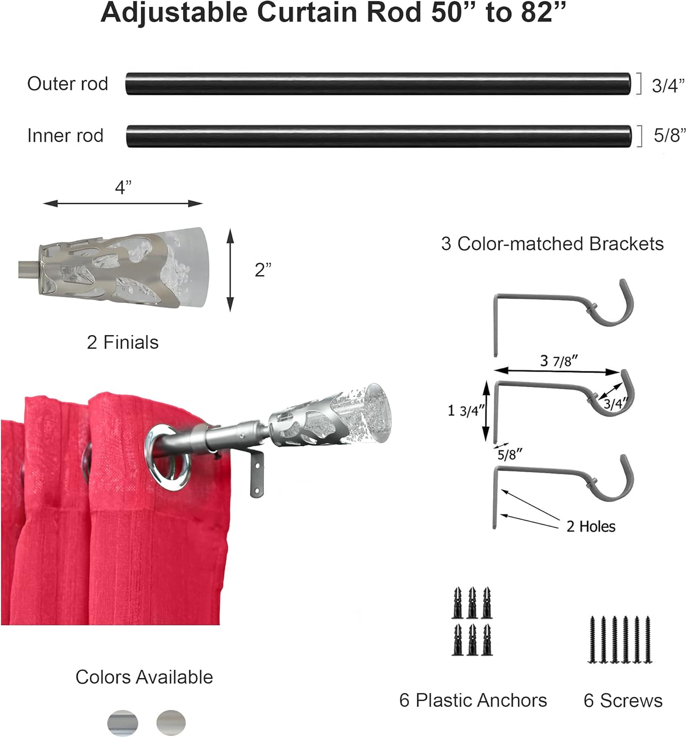 Adjustable Single Curtain Rod 50"-82" with Crystal-Look Finials and Brackets, Silver