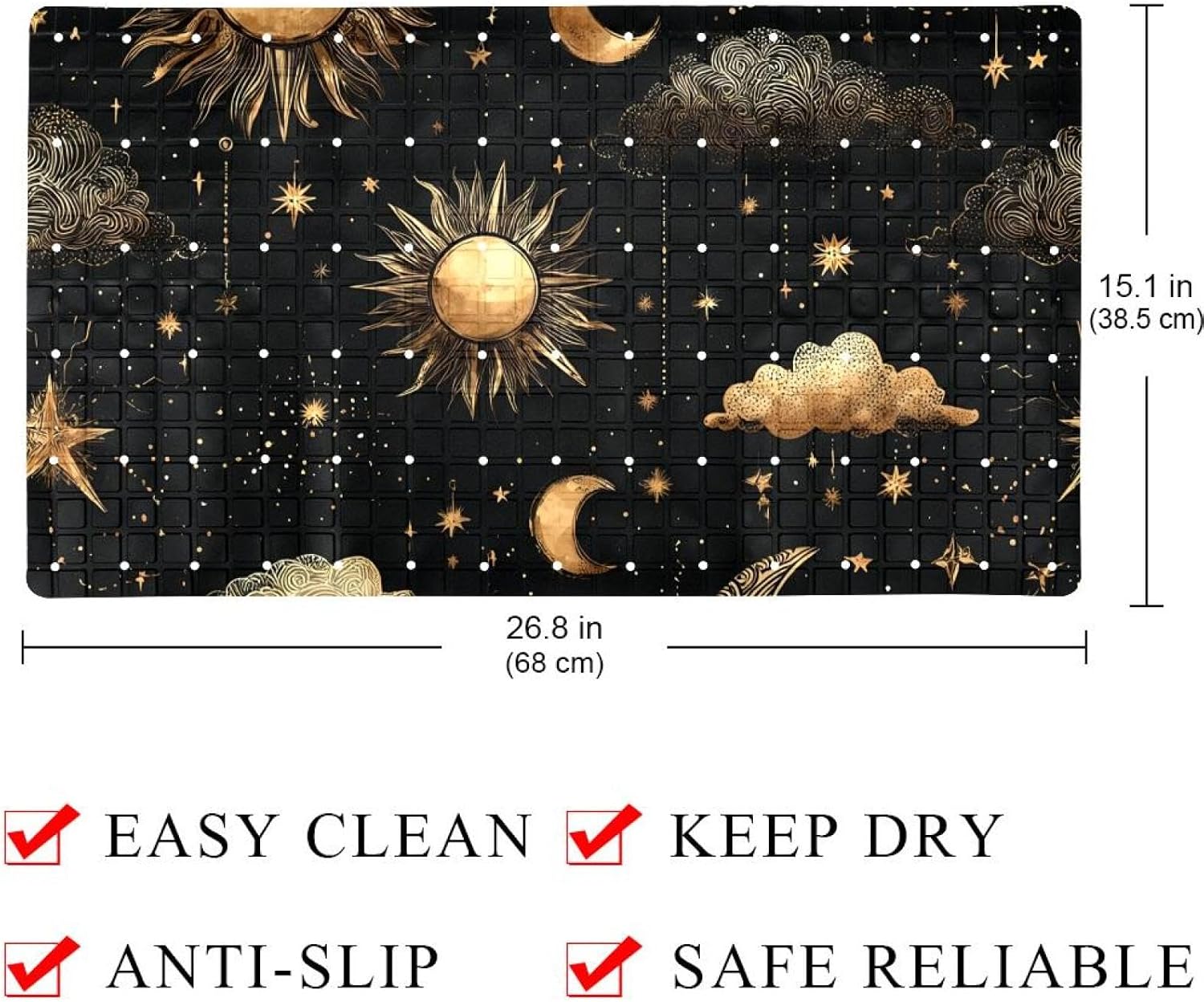 Non Slip Bath Mat for Tub, 15.1 x 26.8 Inch Bathtub Mat Machine Washable Shower Mat with Drain Holes and Suction Cups, Magic Sun Moon Clouds Stars on Dark Background
