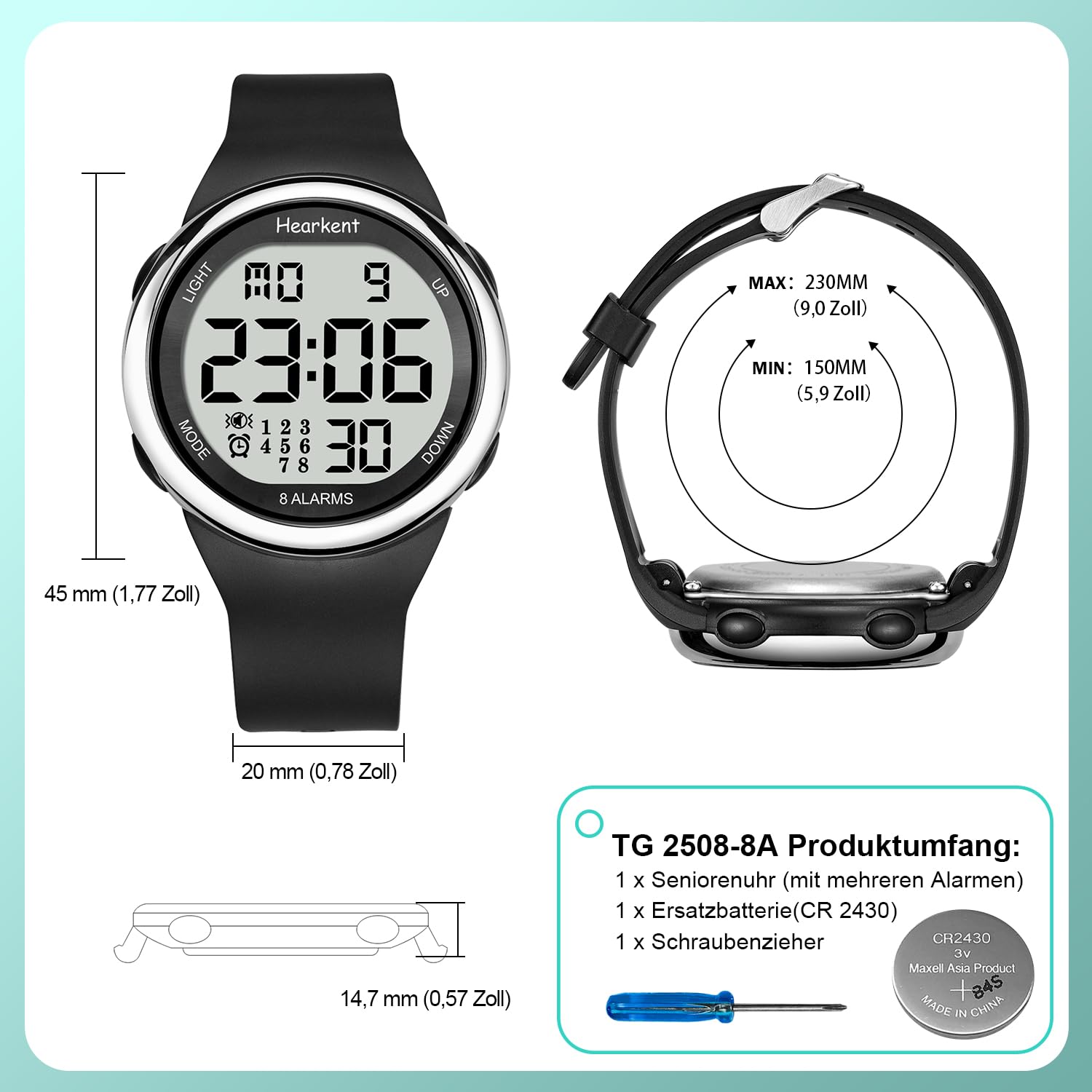 Hearkent Vibrationsalarm Uhr-mit bis zu 8 Alarme/Vibrationserinnerungen | Digitalarmbanduhr-Hintergrundbeleuchtung,Wasserdicht,Vibrationsuhr Medikamenten Uhren für Senioren/Sehbehinderte-2105-8a